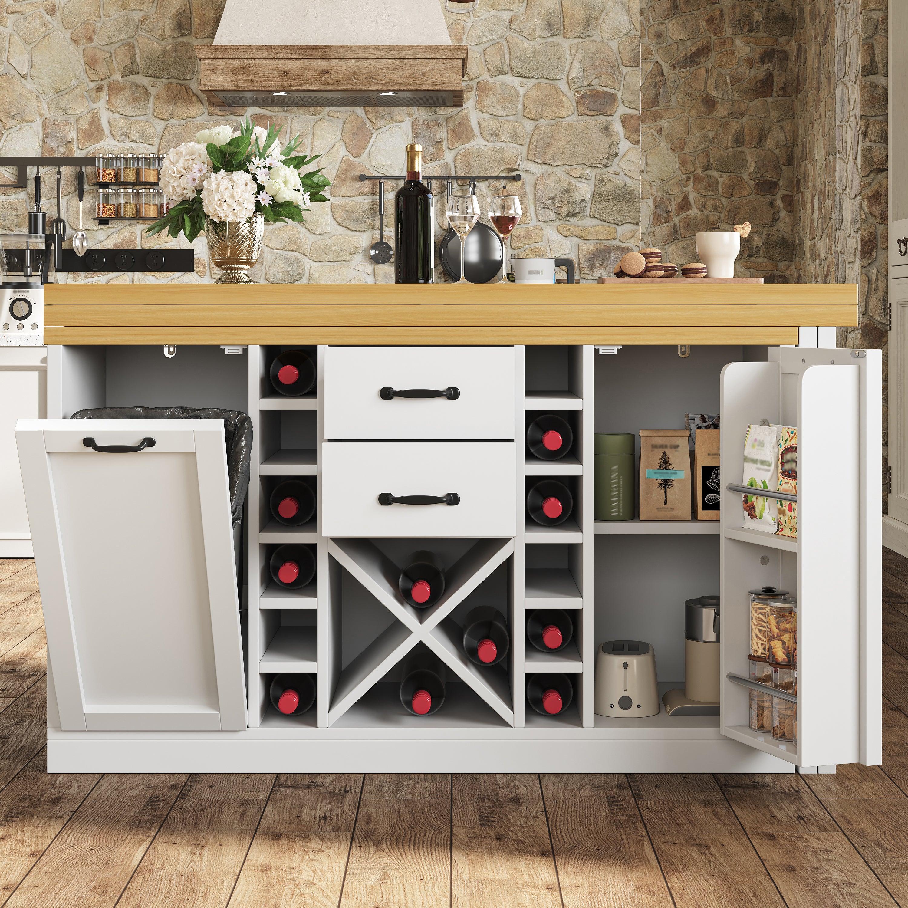 Extendable Sideboard & Dining Table Combo with Wine Rack,  Built-in Trash Bin Compartment and Side Doors with Snack Storage Racks, White