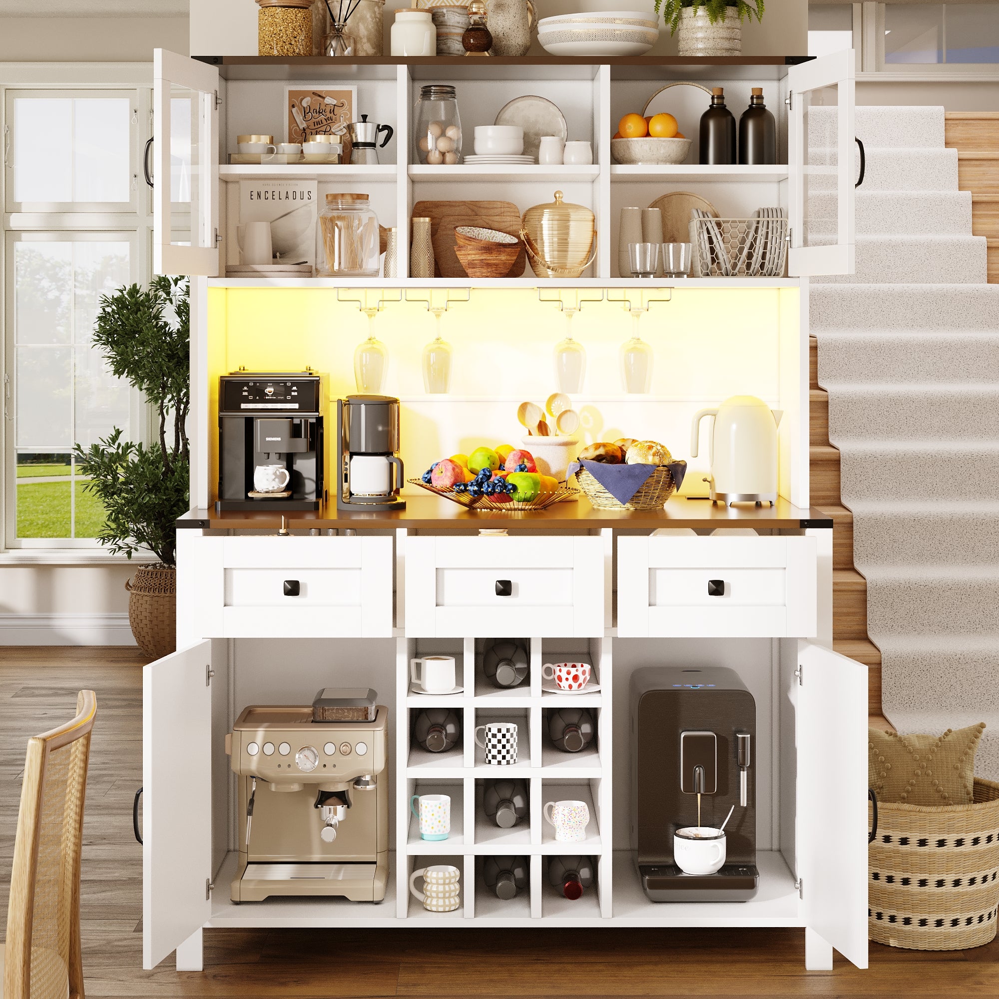 Tall Kitchen Cabinet with 4 Doors & 3 Drawers, USB Ports & Power Outlets, LED Light Strip, Modern Storage Sideboard, Side Cabinet for Kitchen & Living Room, 120 x 40 x 170 cm, White