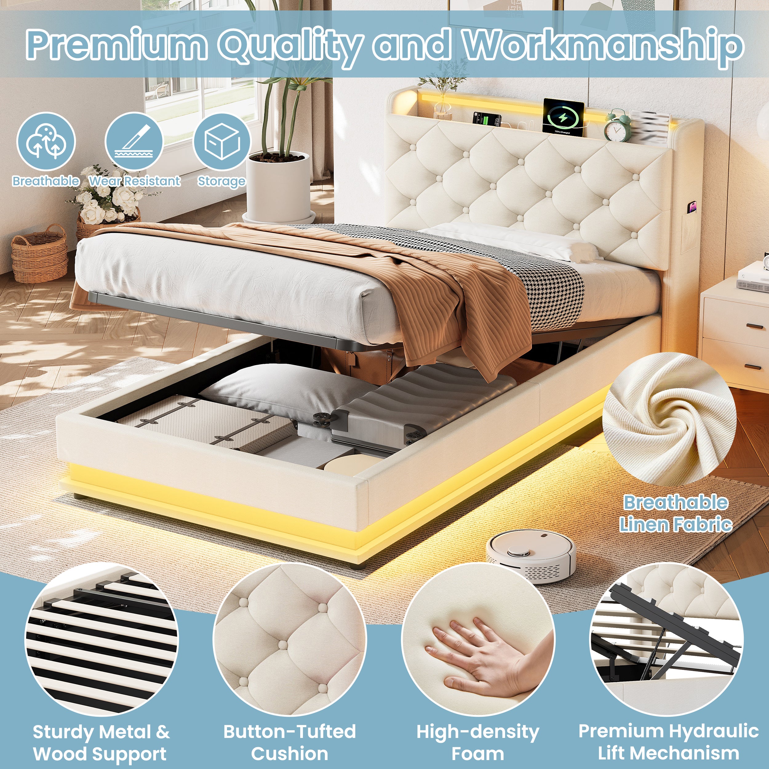 3ft Single Upholstered Bed Frame with Hydraulic Storage, LED Button Tufted Headboard with Charging Station and Concealed Headboard Storage, USB and Type-C Ports, Linen, Beige (No Mattress)