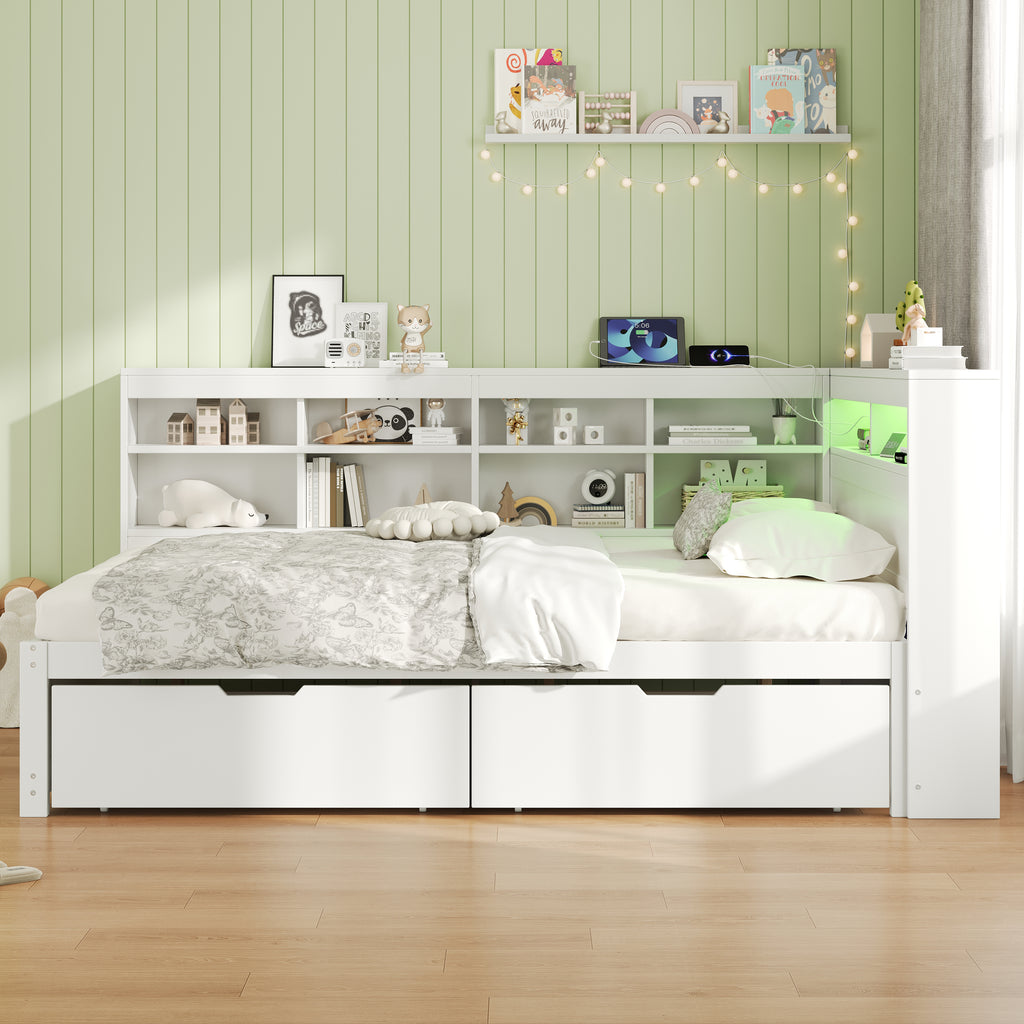4ft6 Double Daybed with Two Storage Drawers and Beside Storage, LED Modern Bed frame with Charging Station, Wood Bed for Living Room/ Bedroom/ Study Room, 135X190cm, Easy Assembly, White (No Mattress)
