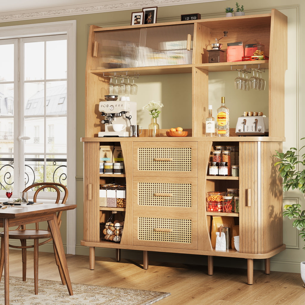 High-quality sideboard with rattan look and glass sliding doors, 174.5 cm high kitchen cabinet with storage space, natural wood/walnut look