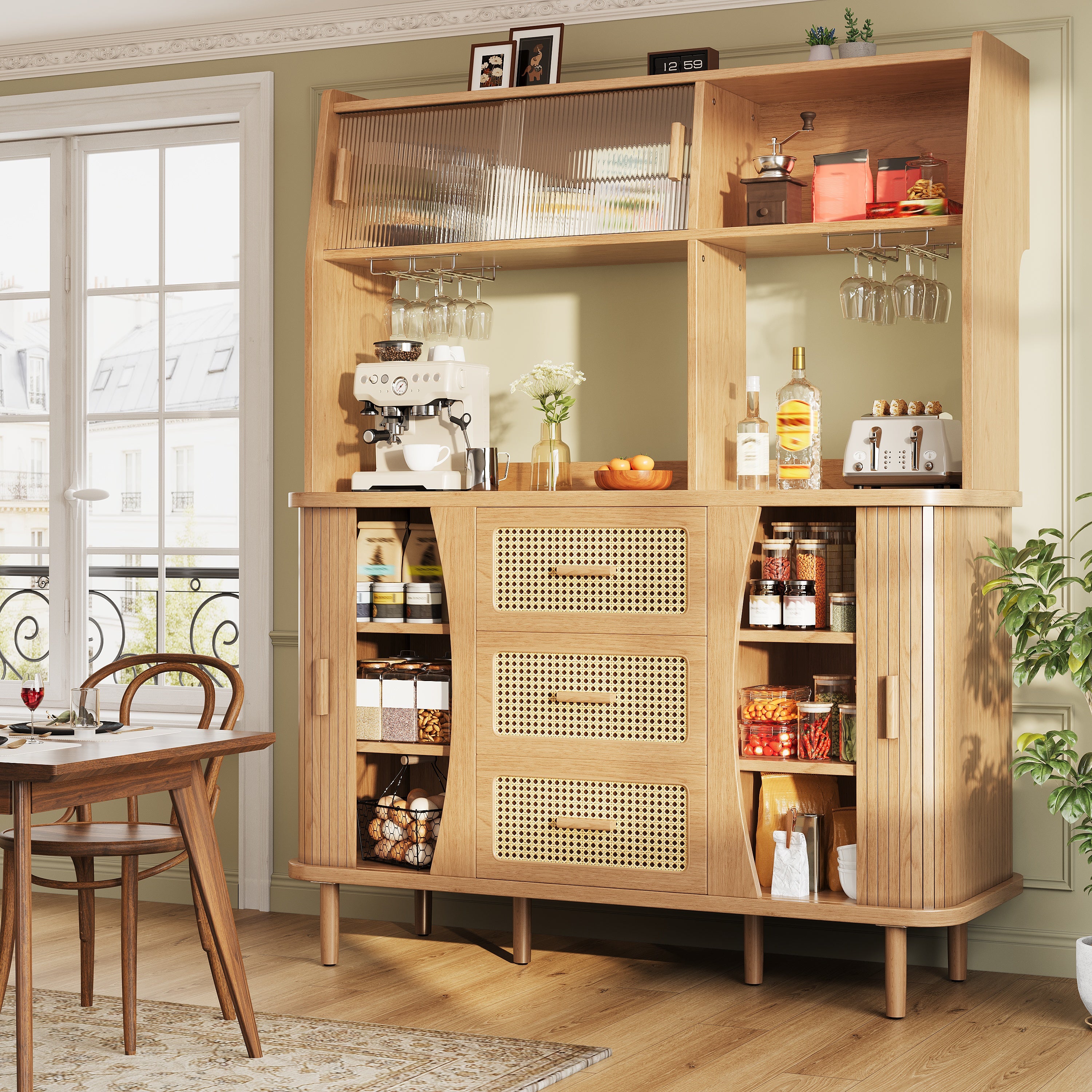 High-quality sideboard with rattan look and glass sliding doors, 174.5 cm high kitchen cabinet with storage space, natural wood/walnut look