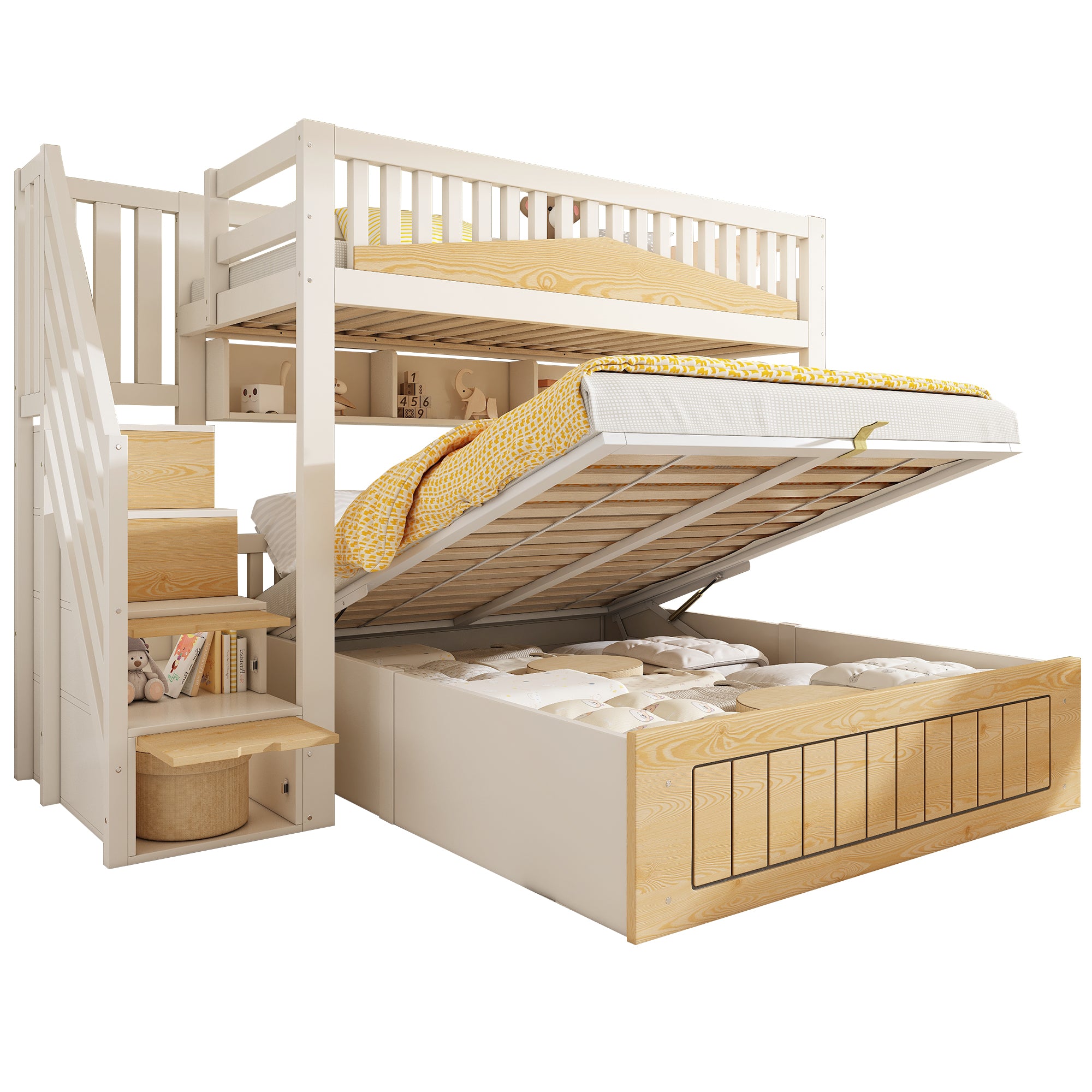Offset Bunk Beds for Kids, Staircase Bunk with Hydraulic Storage & USB Charging, Children's Bed Double Bed for Family with Multiple Children, (90+135) x 190 cm, White & Natural