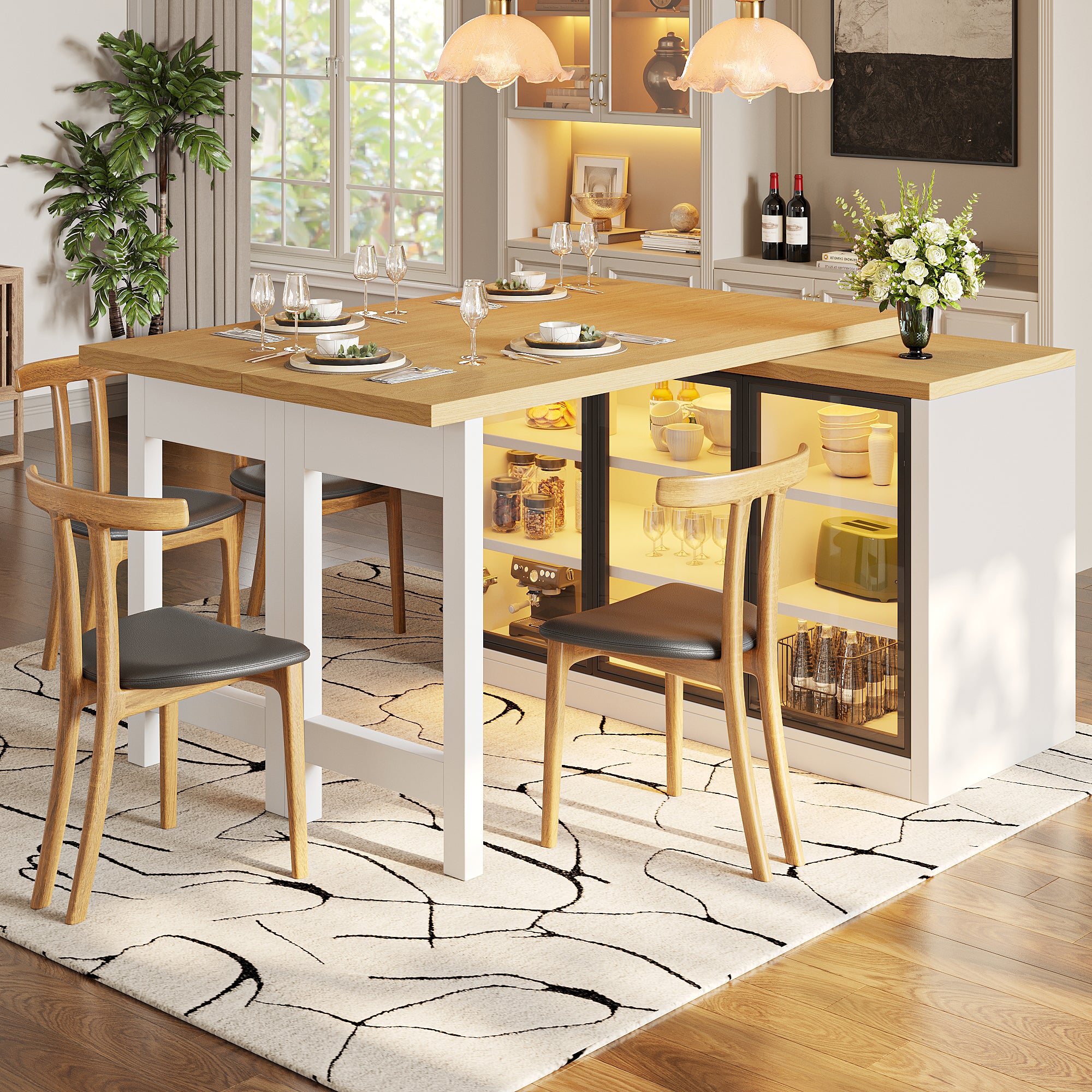 Extendable Sideboard & Dining Table Combo with LED Lights, Push-to-Open Glass Display Cabinet, Space Saving Sideboard for Small Flat, White