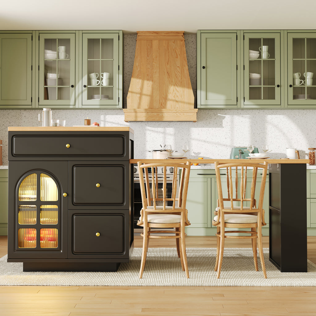 Extendable bar table with storage (122.5-195.5×70×93.5cm), with four drawers and curved glass door, kitchen island with extendable table, LED color light, for 2-6 people, kitchen dining cart with side
