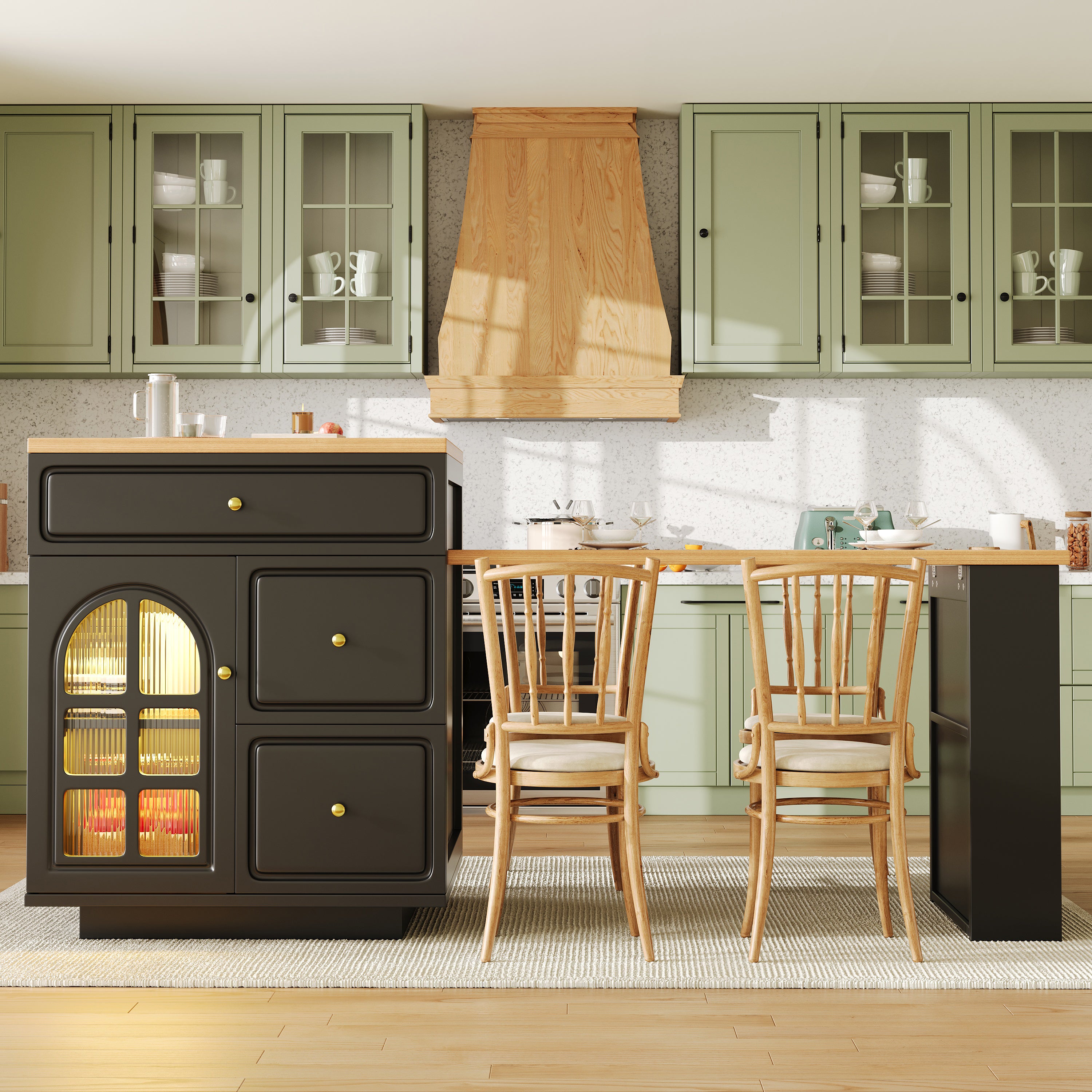 Extendable bar table with storage (122.5-195.5×70×93.5cm), with four drawers and curved glass door, kitchen island with extendable table, LED color light, for 2-6 people, kitchen dining cart with side