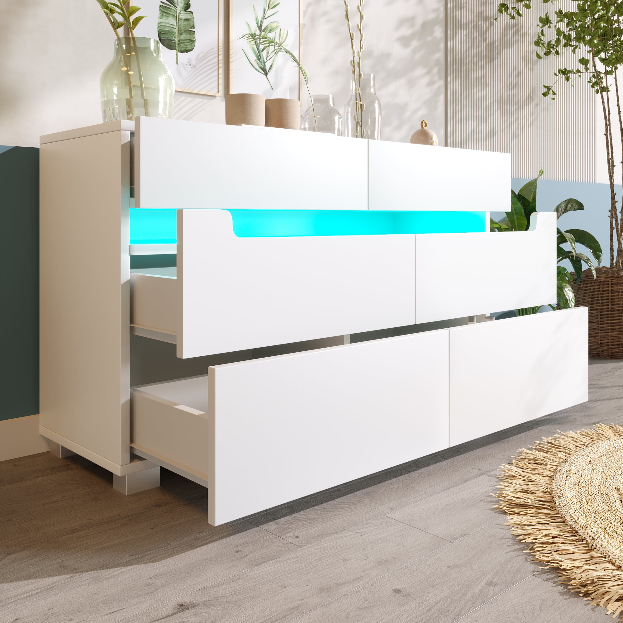 Sideboard Cabinet Dresser with 6 Drawers,Storage with RGB LED(App Control), Sideboard with Cut-out Handles, 6-drawers Chest of Drawers, 71 x 120 x 40 cm, White