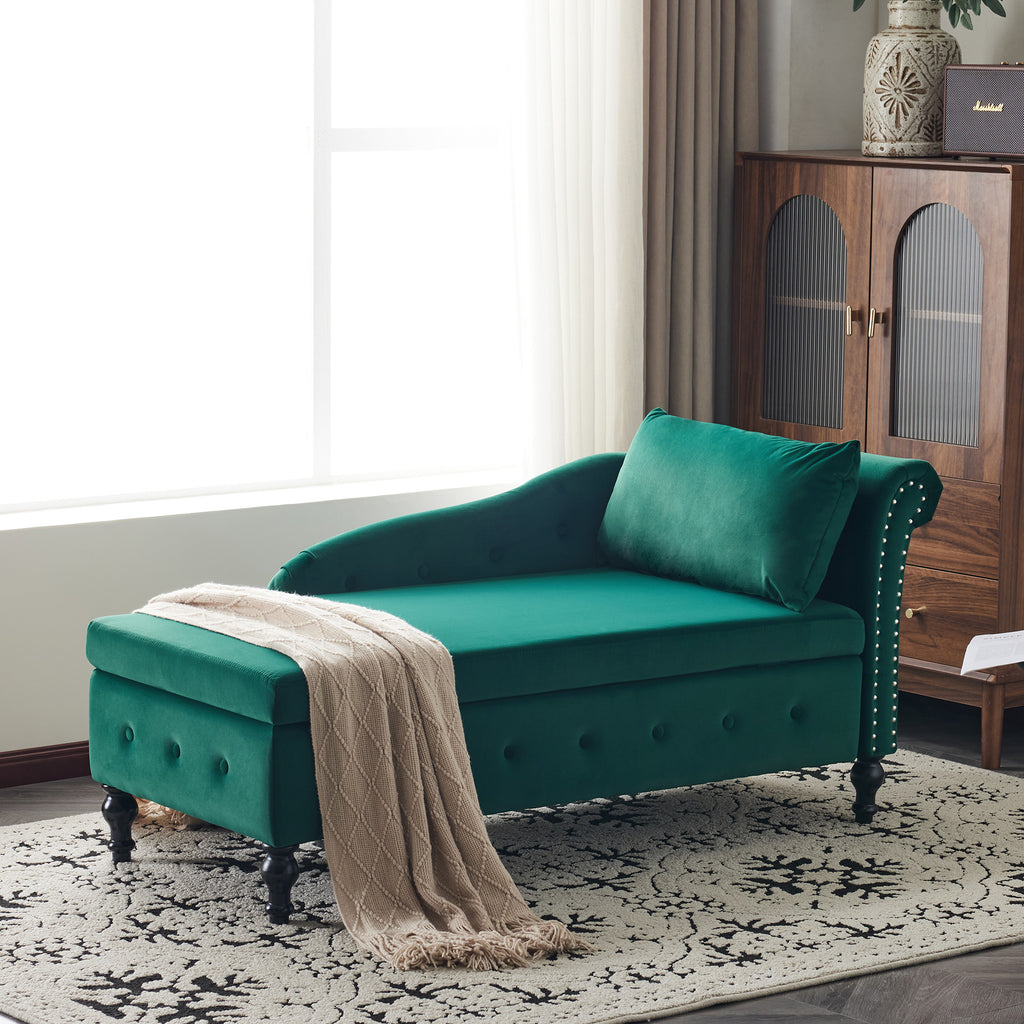 Velvet Chaise Lounge Sofa with Storage, Upholstered Chaise lounge Couch with Pillow for Living Room, Modern Nailhead-Trim & Button-tufted Lounge Chair, Bedroom and Office, Right Armrest