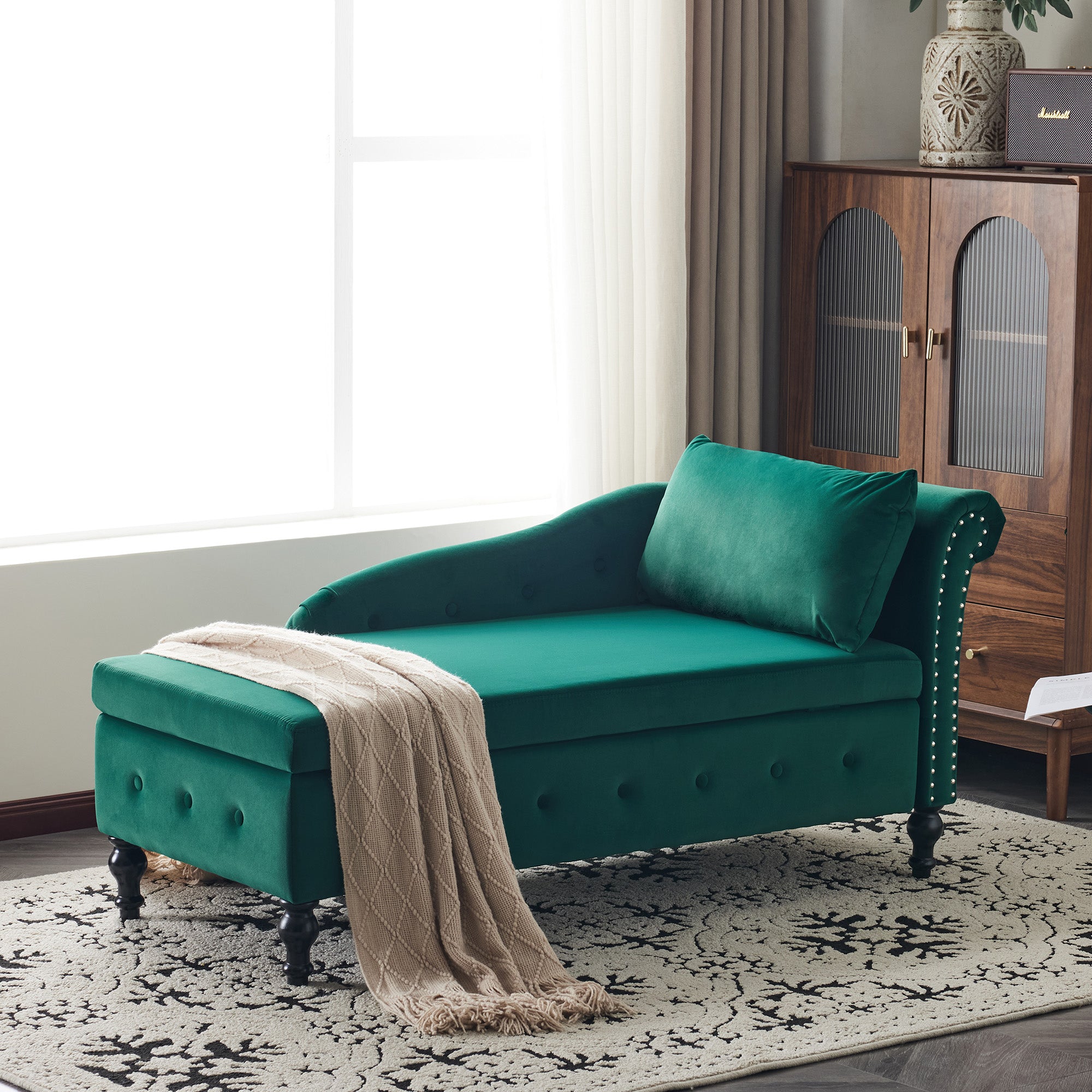 Velvet Chaise Lounge Sofa with Storage, Upholstered Chaise lounge Couch with Pillow for Living Room, Modern Nailhead-Trim & Button-tufted Lounge Chair, Bedroom and Office, Right Armrest