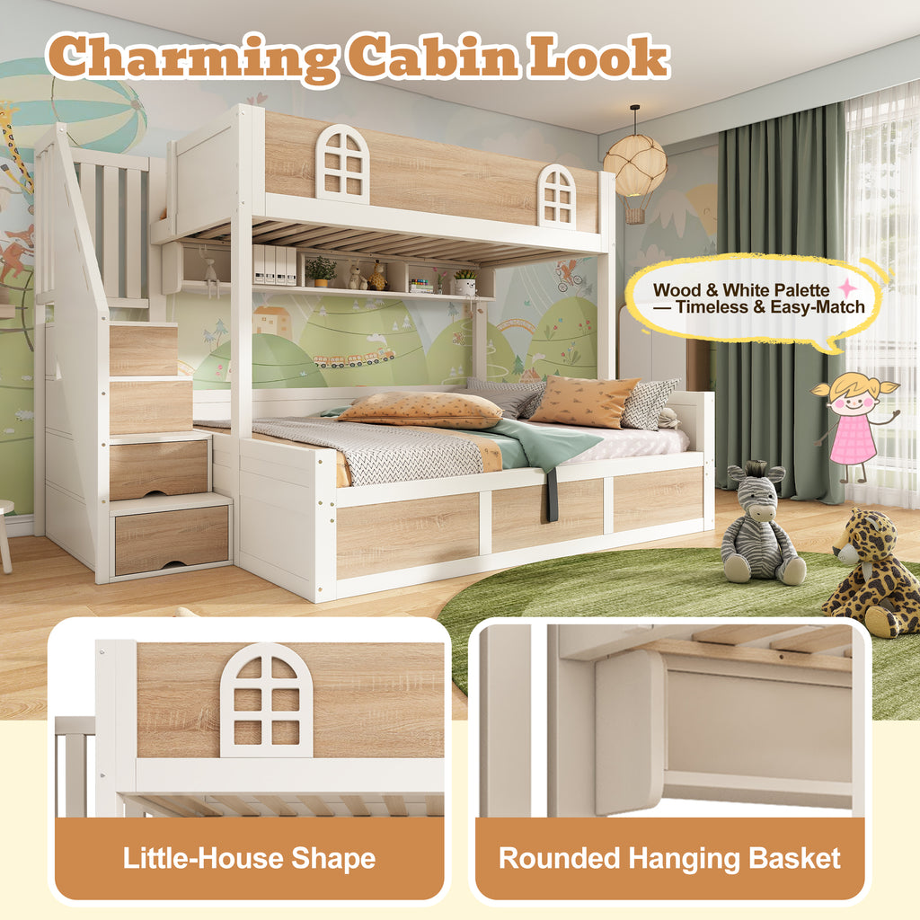 Bunk Beds for Kids, Staircase Bunk with Hydraulic Storage, Children's Bed with Storage Cube, Double Bunk Bed for Family with Multiple Children, (90+135) x 190 cm, Solid Wood, White & Natural