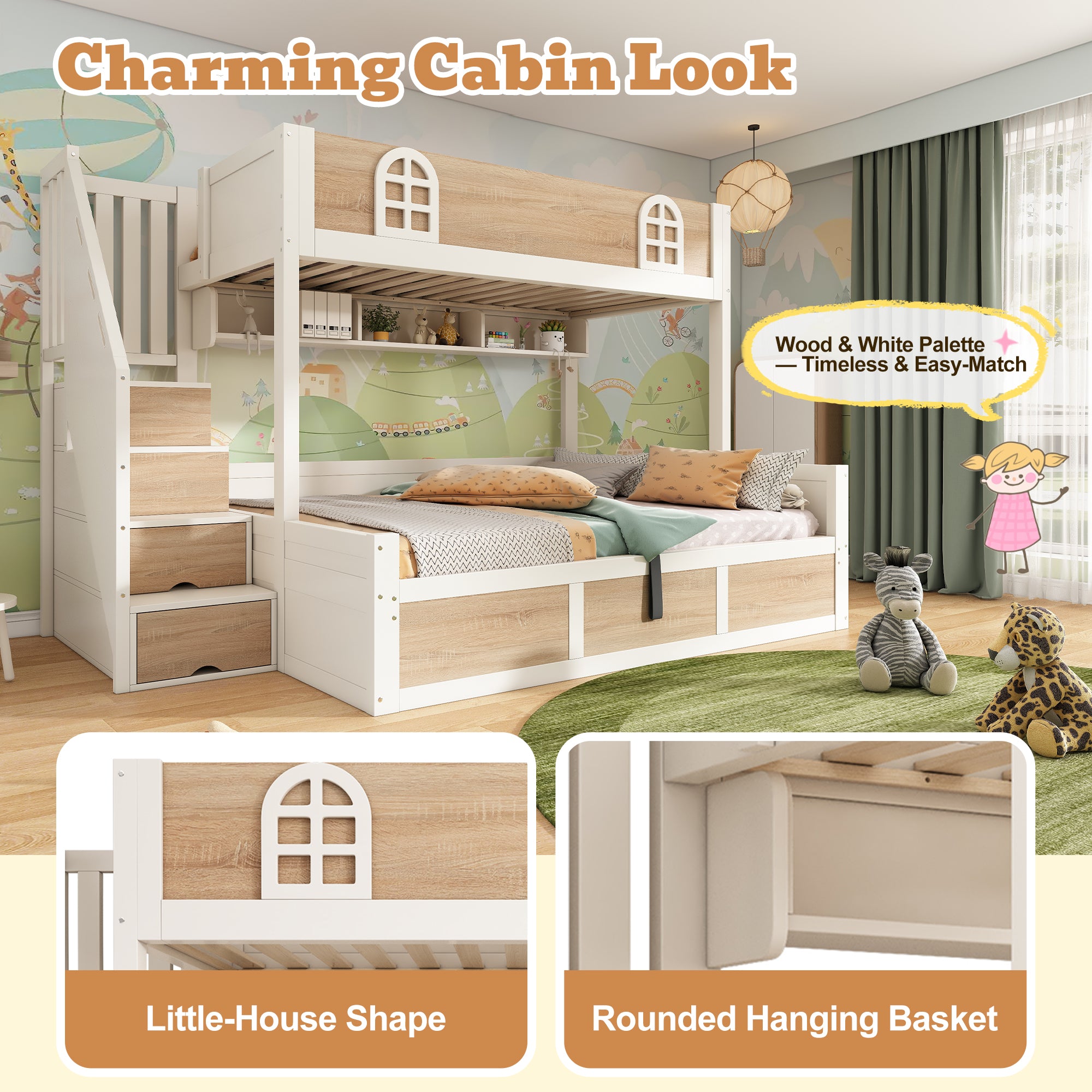 Bunk Beds for Kids, Staircase Bunk with Hydraulic Storage, Children's Bed with Storage Cube, Double Bunk Bed for Family with Multiple Children, (90+135) x 190 cm, Solid Wood, White & Natural