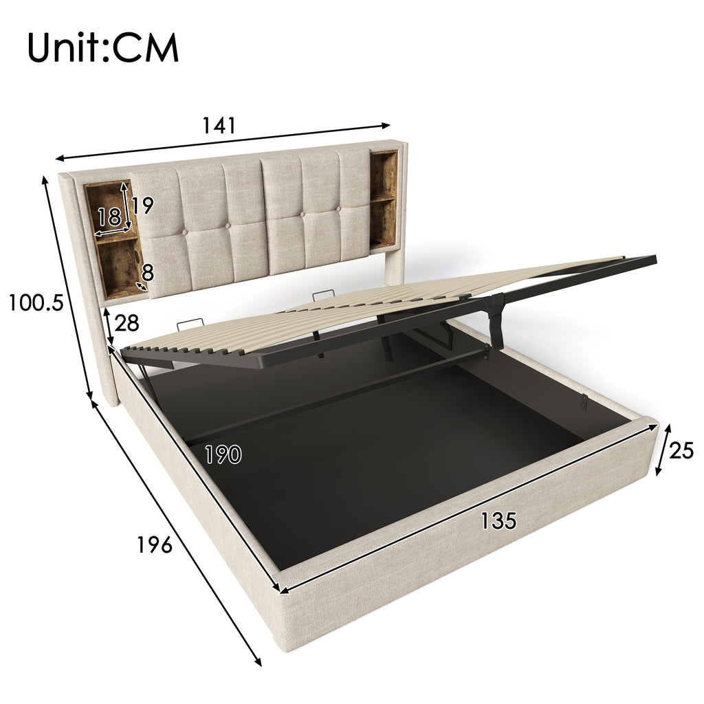 4ft6 Double Bed Frame Upholstered Bed 135 x 190 cm with Wireless Charging (USB Type-C), Hydraulic Bed with Large Storage Space, Linen Fabric, Natural (No Mattress)