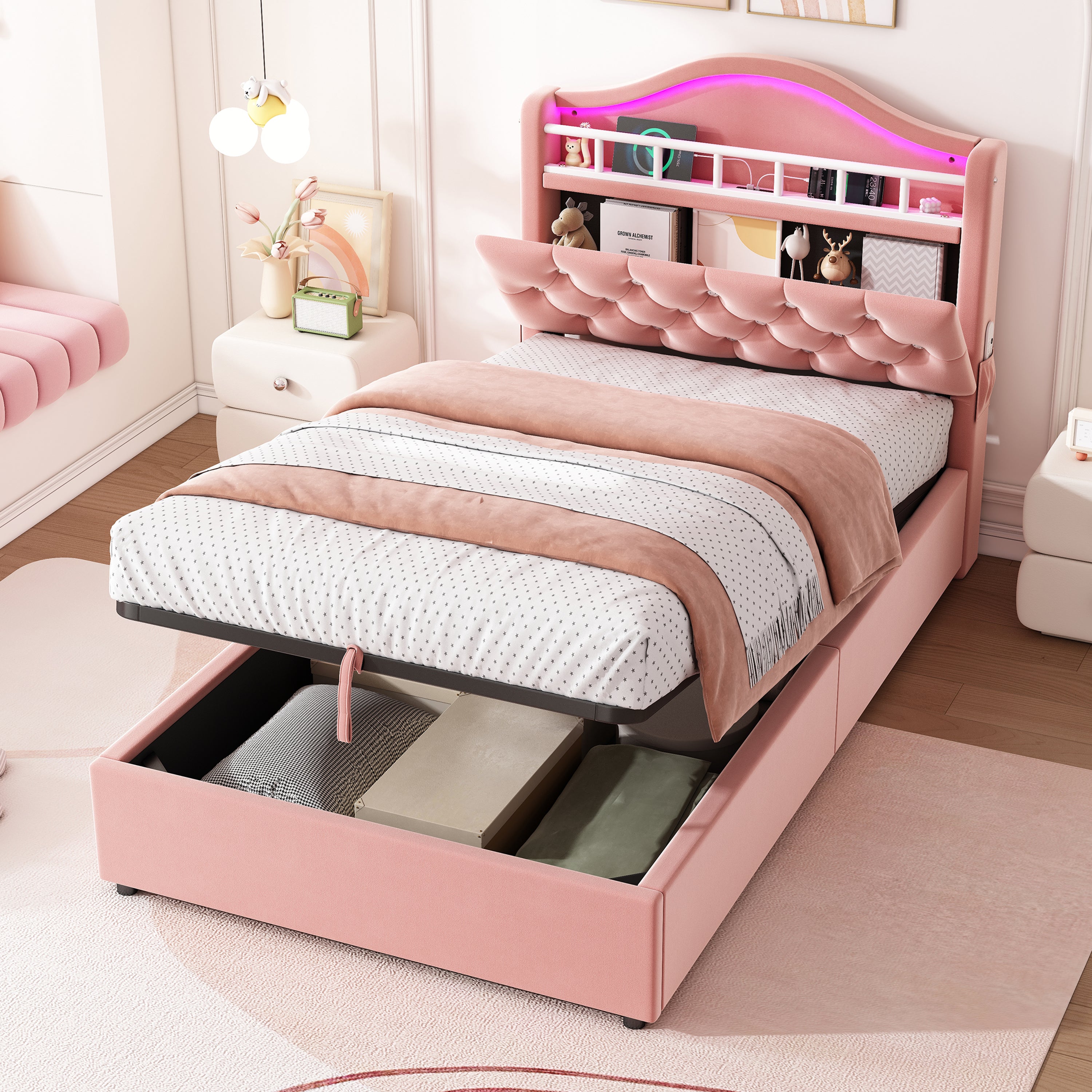 3ft Single Hydraulic Bed in Velvet, LED Bed Frame with Charging Station & Diamond Tufted Headboard, Multi-zone Storage, Solid & Stable Base, Pink (No Mattress)