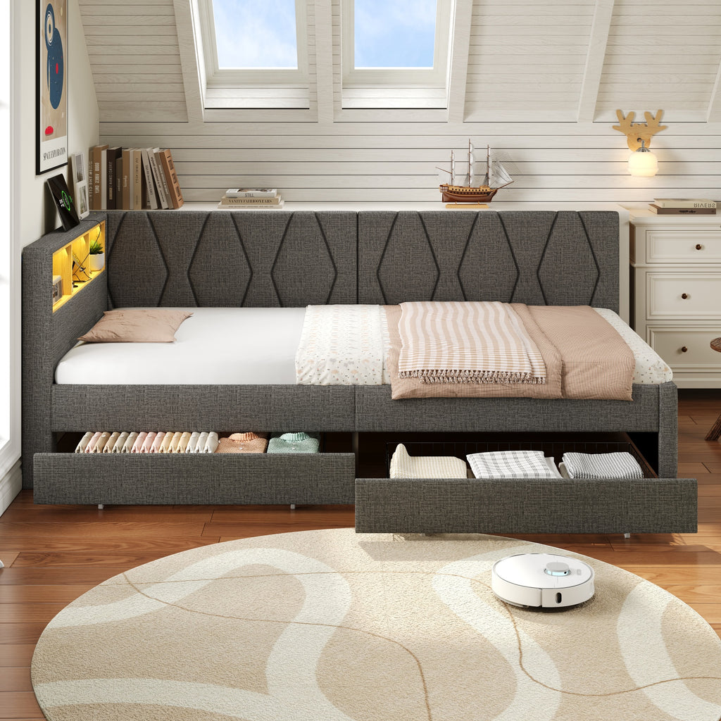 3ft Single Daybed with Two Storage Drawers, LED Modern Bed frame with Charging Station, Linen Sofa Bed for Living Room/ Bedroom/ Study Room, 90X190cm, Easy Assembly, Grey (No Mattress)