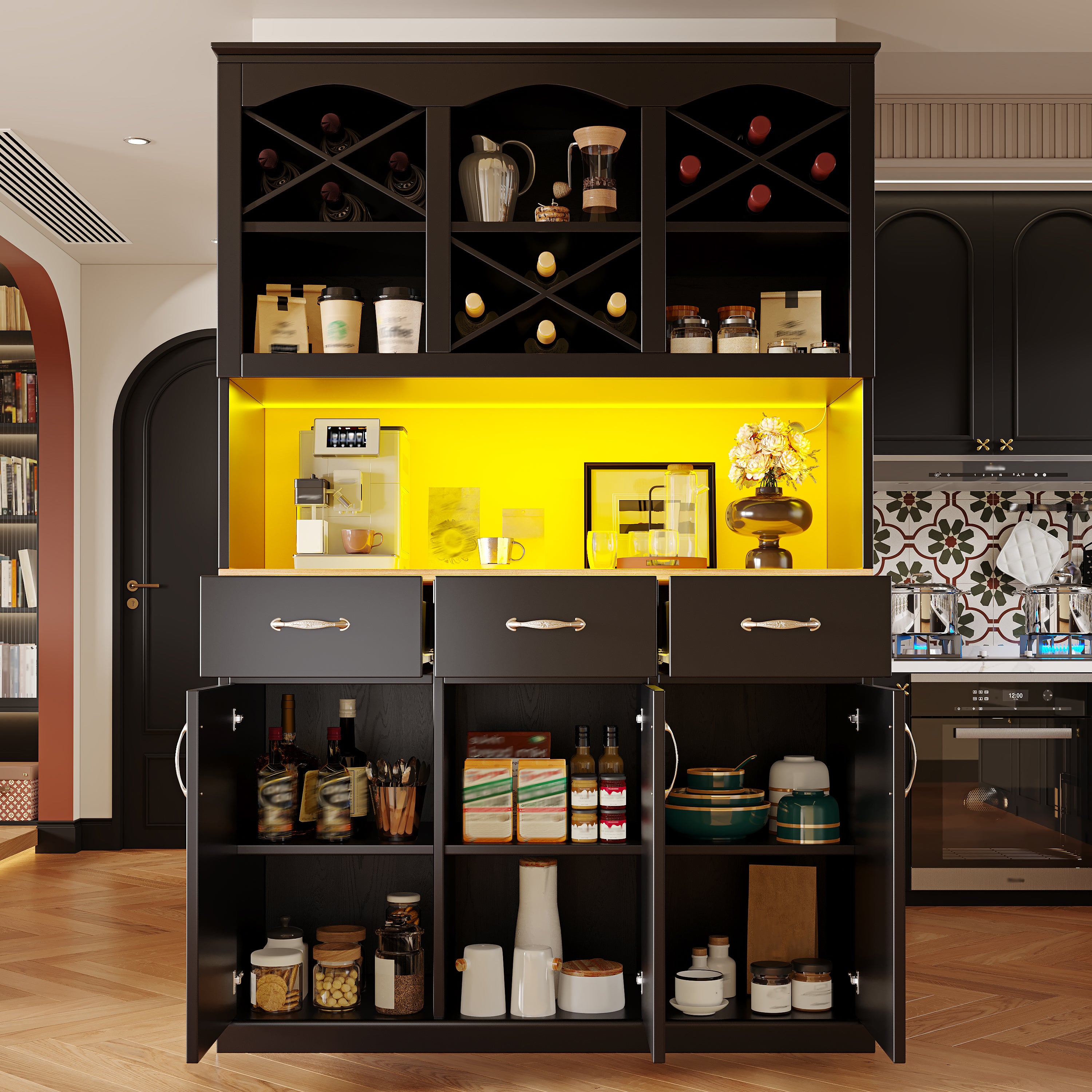 Kitchen cabinet (120 × 40 × 180 cm), tall kitchen buffet, multi-purpose buffet, snack cabinet, storage furniture with three doors, three drawers and LED lighting, black