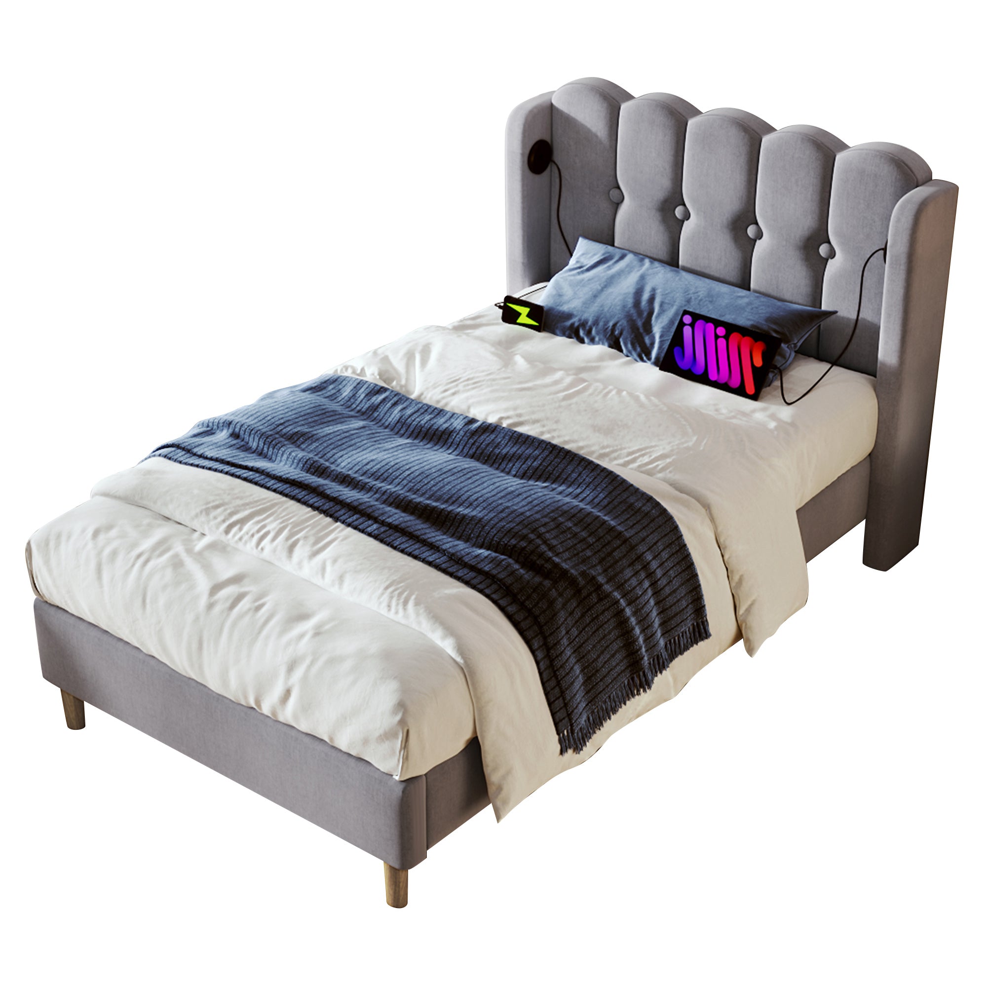 Upholstered Single Bed with USB and Type-C Charging, Bed Frame with Wooden Slatted Frame, Teenager Bed for Bedroom & Guest Room, 3ft 90 x 190 cm Bed Frame, Grey, Linen Material (No Mattress).