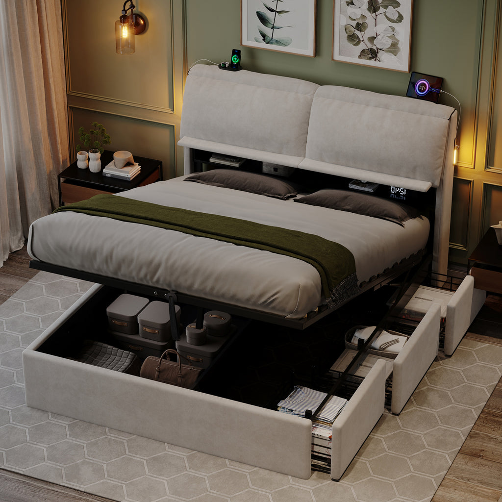 5ft King Bed with Hydraulic Storage, Velvet Upholstered Bed with Headboard Flip-top Storage and Drawers, Back Cushion Headboard with Charging Station and LED Night Light, Cream White (No Mattress)
