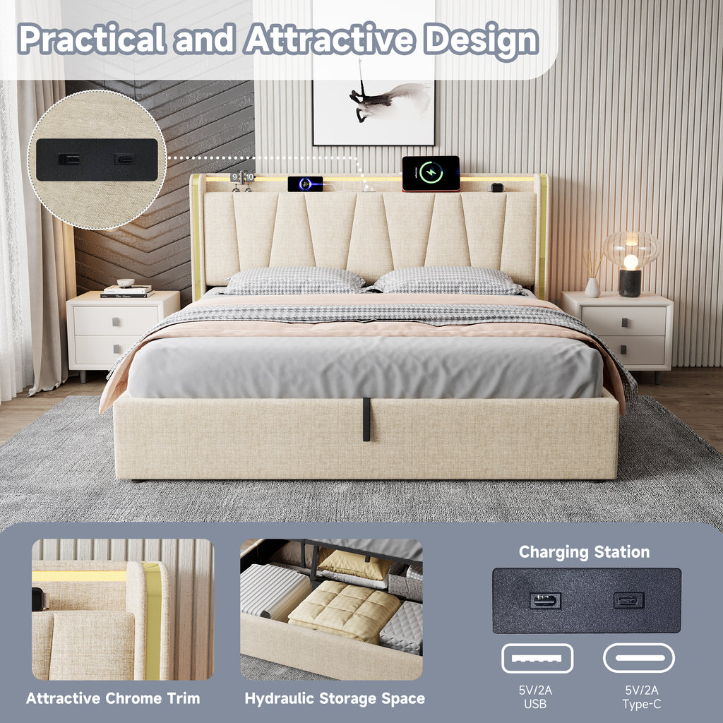 5ft King Upholstered Bed Frame with Hydraulic Storage, LED Headboard with Charging Station and Chrome Trim, USB and Type-C Ports, Linen, No Box Spring Needed, Beige (No Mattress)