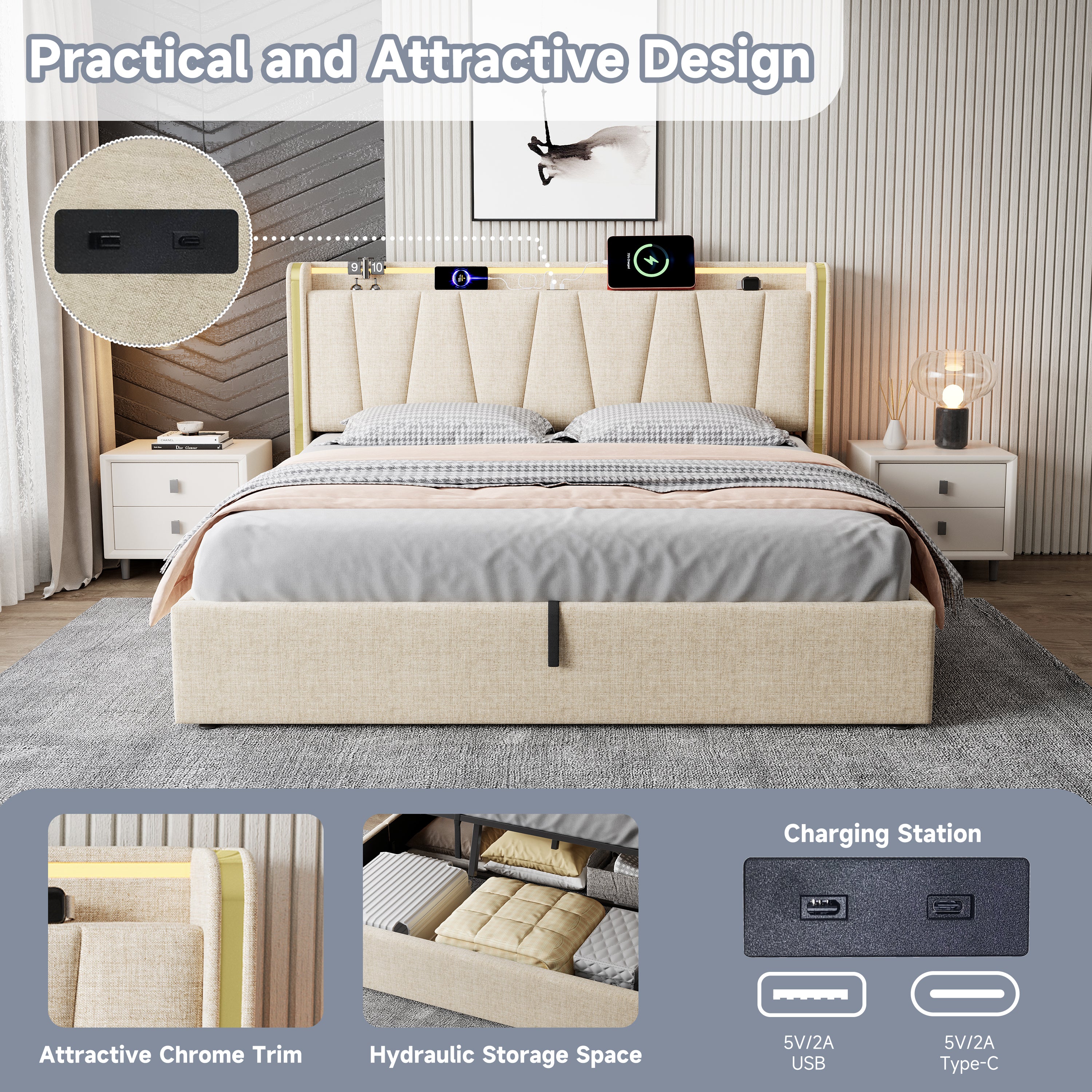 5ft King Upholstered Bed Frame with Hydraulic Storage, LED Headboard with Charging Station and Chrome Trim, USB and Type-C Ports, Linen, No Box Spring Needed, Beige (No Mattress)