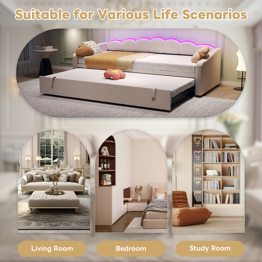 Upholstered Bed 90x190cm, Daybed, Sofa Bed with RGB LED Lighting, 3ft Petal Shape Single Bed with Trundle,Pull out Trundle Bed for Living Room/ Bedroom/ Study Room, Velvet, Beige (No Mattress)