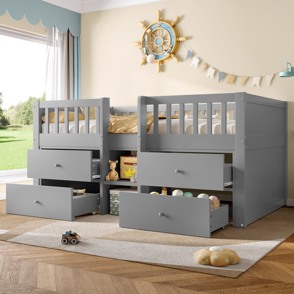 Low Loft Bed with Storage, Solid Wood Bed Frame with Drawer Storage, 3ft Single Bed with Guardrail, No Box Spring Needed, Saving-space Design for Bedroom, Modern Bed for Children, Grey (No Mattress)