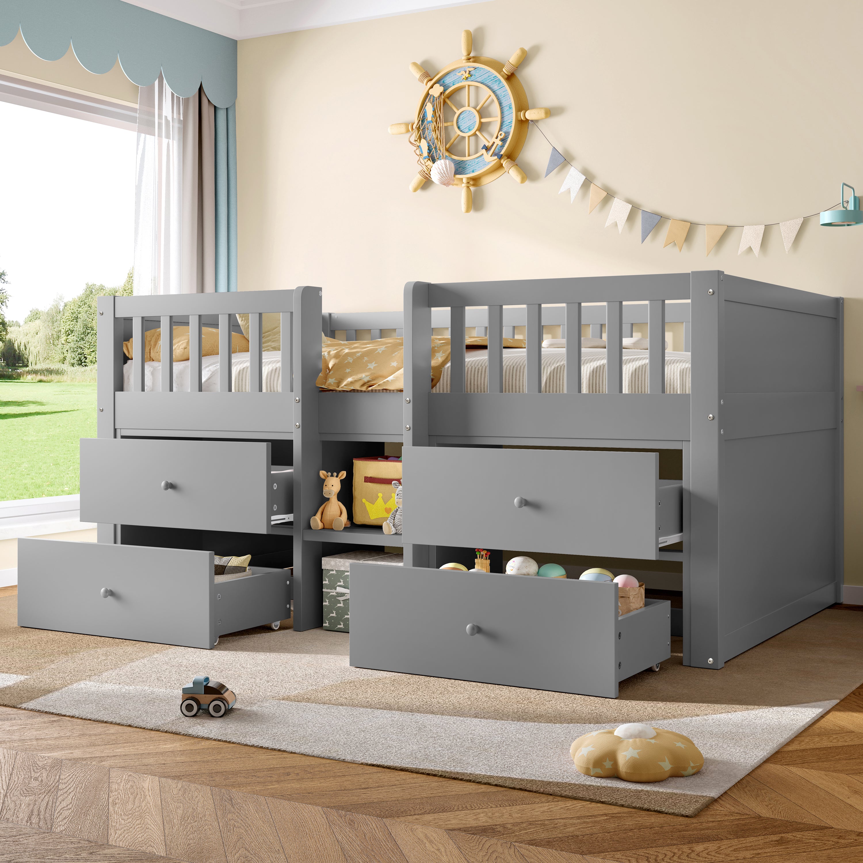 Low Loft Bed with Storage, Solid Wood Bed Frame with Drawer Storage, 3ft Single Bed with Guardrail, No Box Spring Needed, Saving-space Design for Bedroom, Modern Bed for Children, Grey (No Mattress)