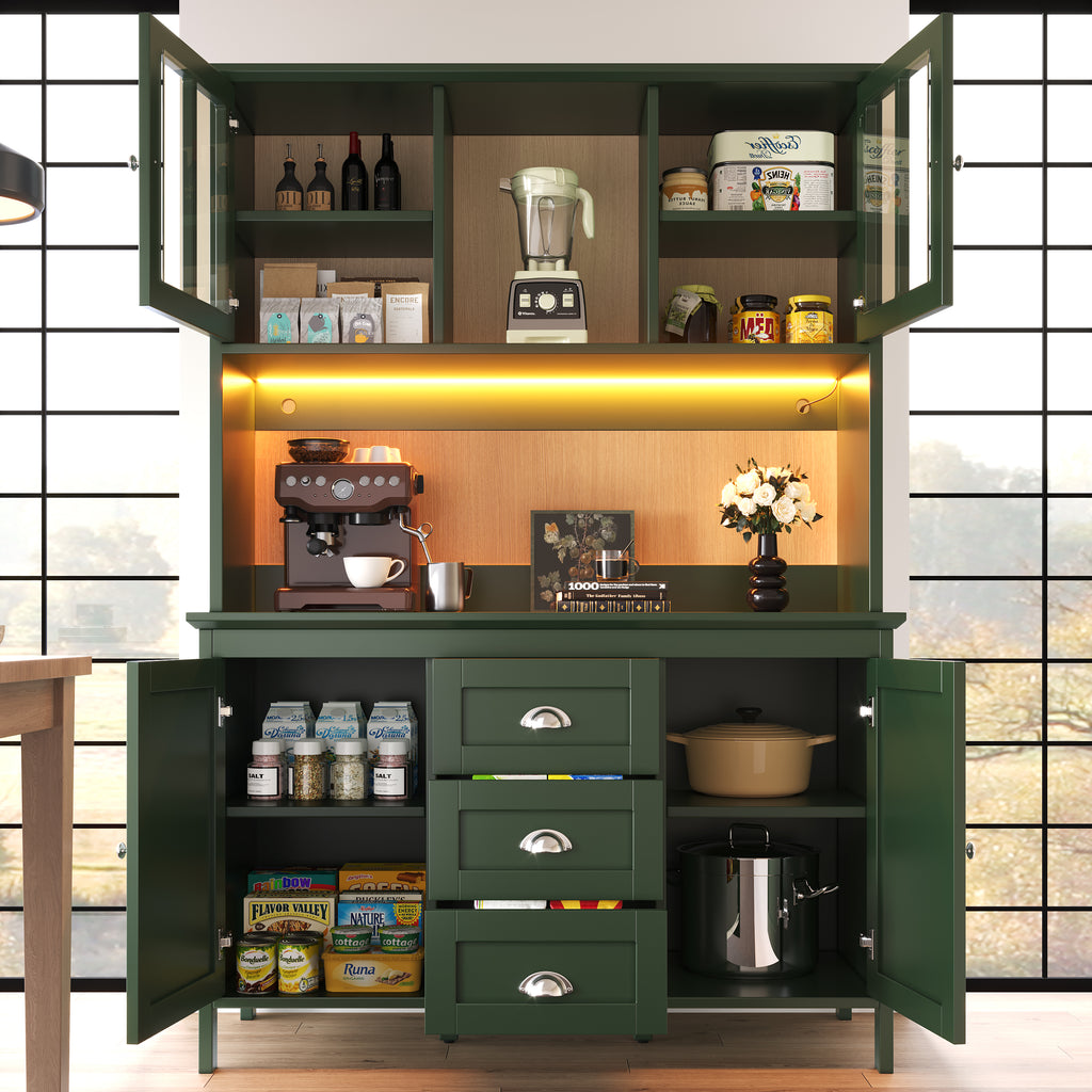 Sideboard, Storage Cabinet, Kitchen Cabinet, Tall Sideboard with LED Lighting, 120x40x179 cm, 4 Doors & 3 Drawers, Black/Green