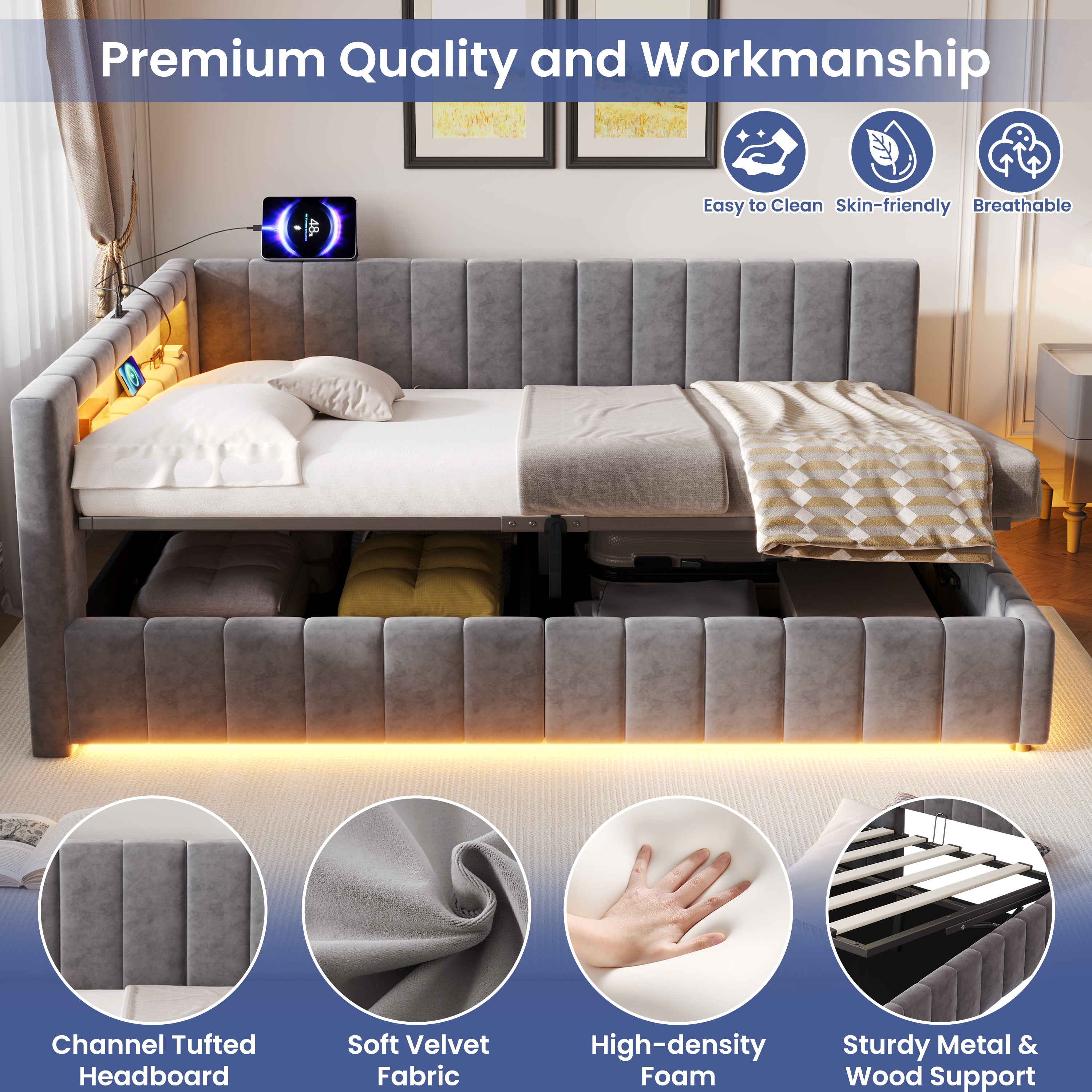 4ft6 Double Velvet Side Hydraulic Storage Bed with Smart RGB LED Lights & Charging Station, Side Opening Ottoman Bed Frame with Type-C & USB Ports, Channel Tufted, Grey(No Mattress)