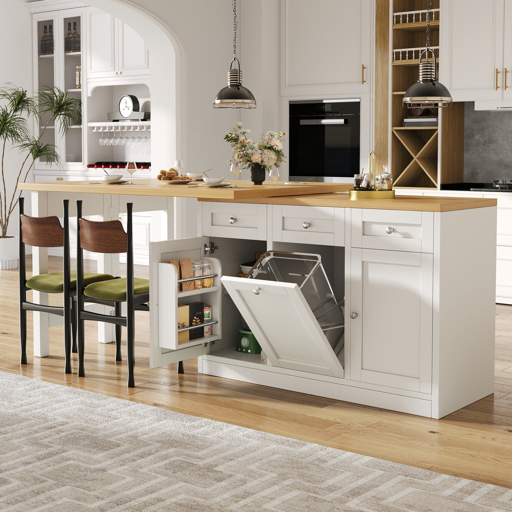 Extendable bar table with storage space, fold-out dining table with drawer and snack tray, pull-out bin holder (bin not included), space-saving design for small flats, kitchens, balconies,
White
