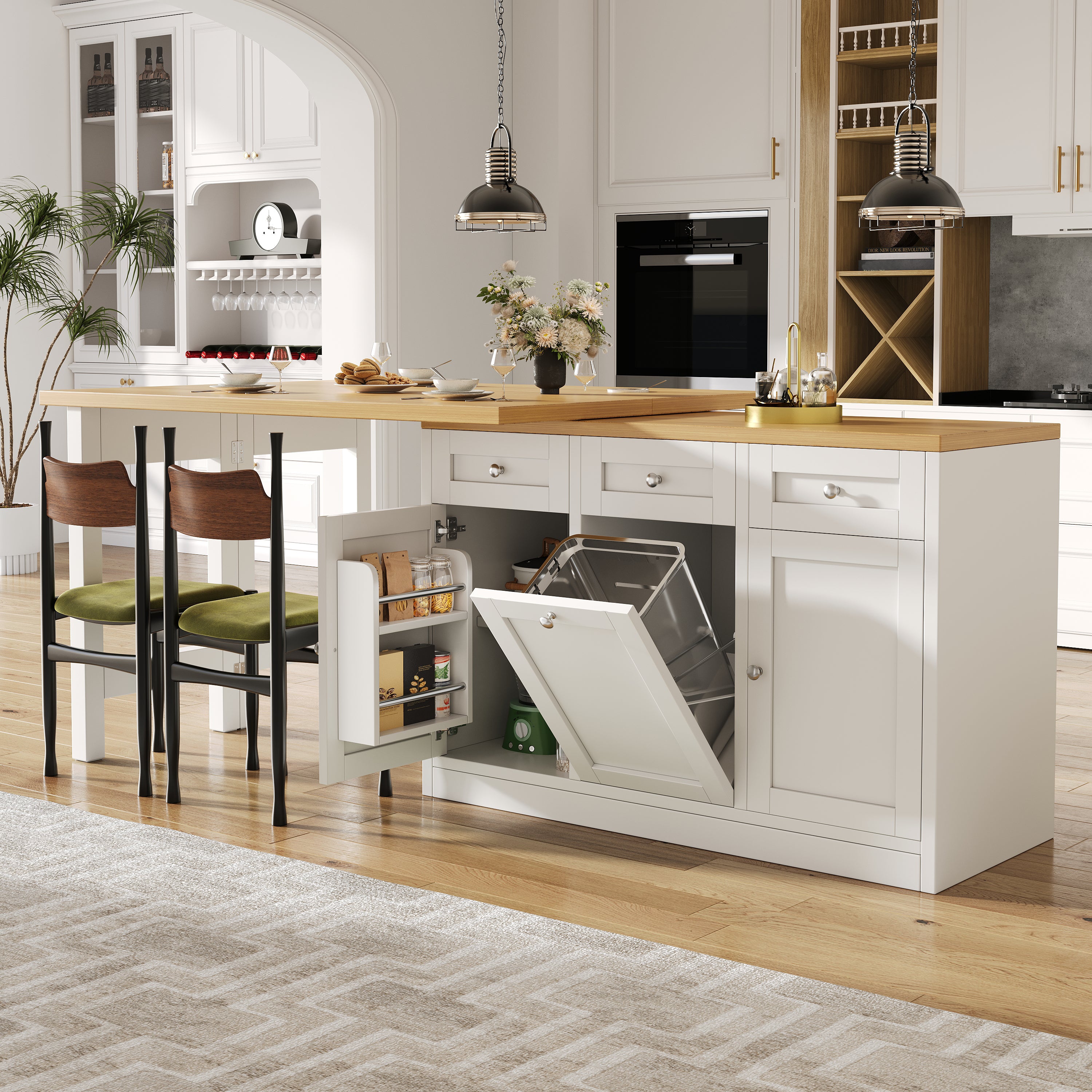 Extendable bar table with storage space, fold-out dining table with drawer and snack tray, pull-out bin holder (bin not included), space-saving design for small flats, kitchens, balconies,
White