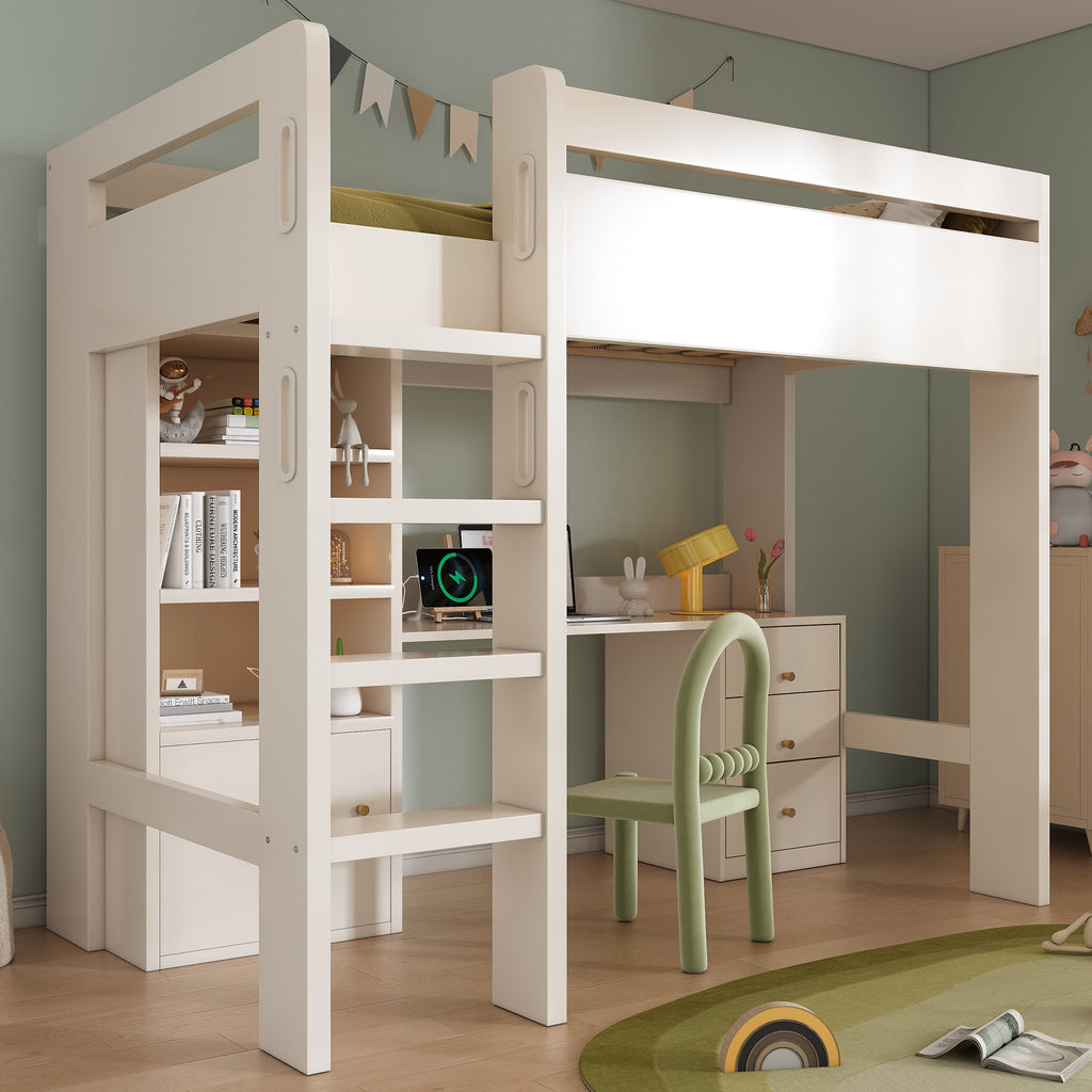 Kids' High Sleeper Bunk Bed with USB-C Desk, Bookshelf & Filing Cabinet, 90 x 190 cm Children's Loft Bed with Stairs & Storage Space, All-in-One Single Bed Frame with Slatted Frame, No Mattress