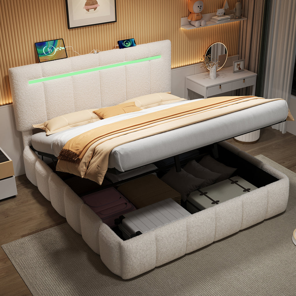 4ft6 Double Upholstered Bed Frame with Hydraulic Storage,  LED Channel Tufted Adjustable Headboard with Charging Station, USB and Type - C Ports, Boucle Fabric, Beige (No Mattress)