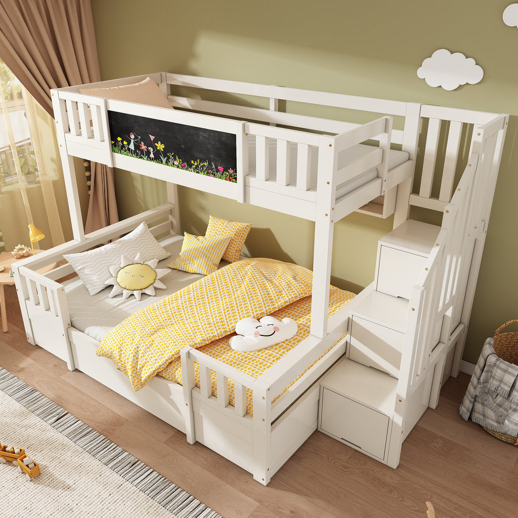 Bunk Beds for Kids, Staircase Bunk with Drawers and Chalkboard, Children's Bed with Storage Space, Double Bunk Bed for Family with Multiple Children, (90+135) x 190 cm, Solid Wood, White