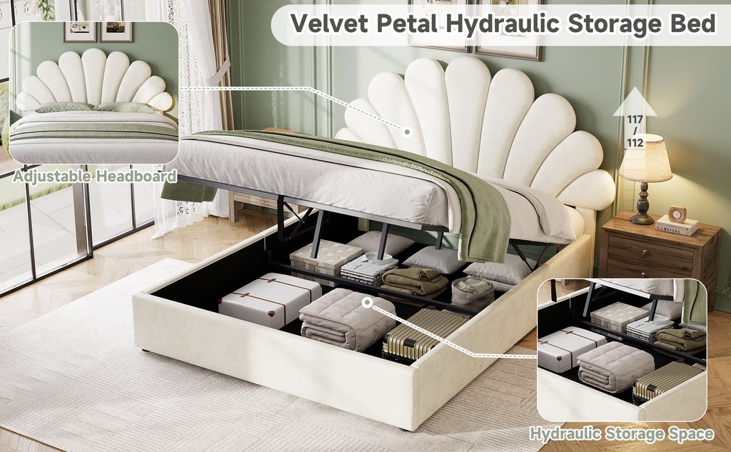 4ft6 Double Upholstered Hydraulic Bed with Adjustable Chic Petal Headboard, Soft Velvet Bed Frame with Hydraulic Storage, Petal Bed with Solid Wood Slat, No Box Spring Needed, Beige (No Mattress)