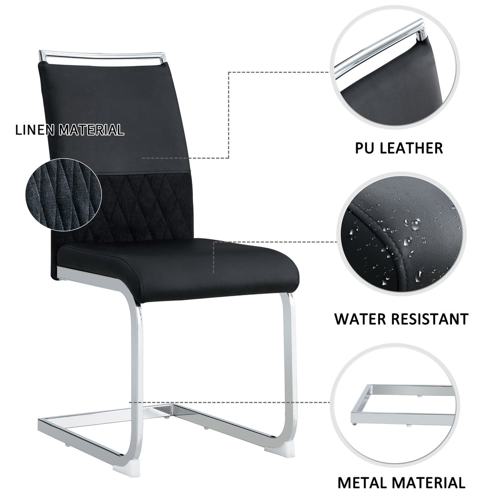 Modern dining chairs set of 2, backrest made of PU faux leather and linen, high back padded side chair, horizontal stripes backrest design for dining room, kitchen, guest office chair, black
