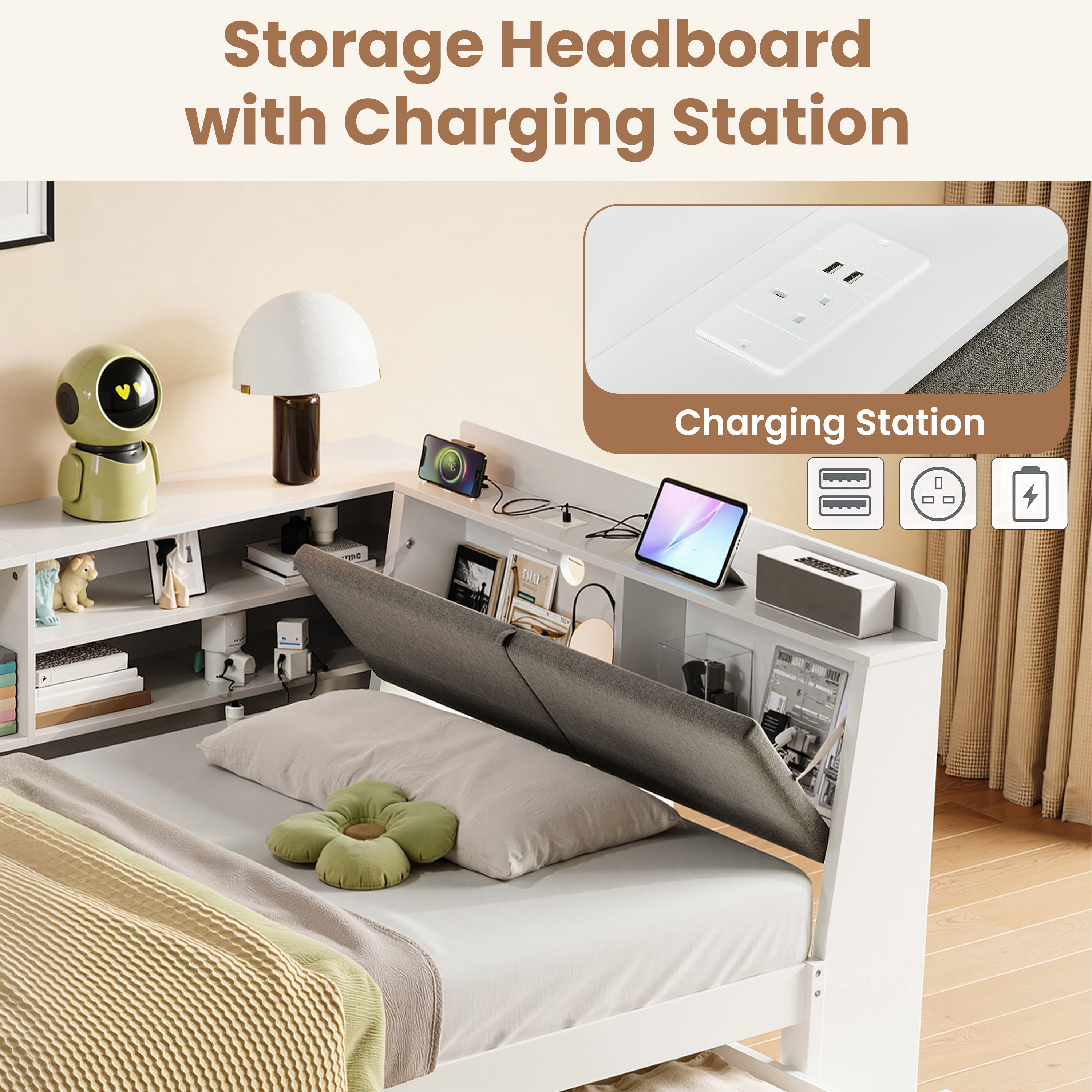 3ft Single L-Shape Daybed with Two Storage Drawers and Bookcase Storage, Linen Concealed Headboard Storage with Charging Station, Wood Bed for Living Room/ Bedroom/ Study Room, White (No Mattress)