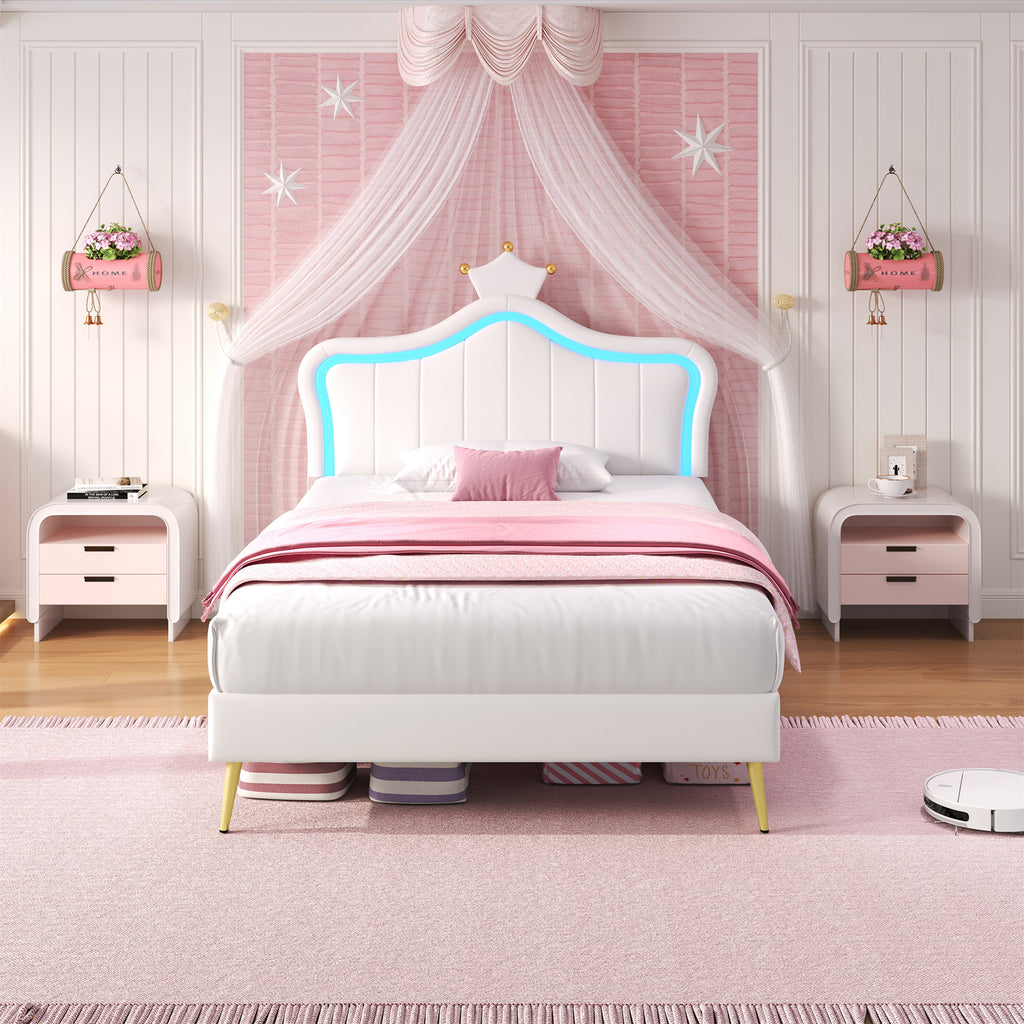 3ft Single Upholstered Bed with LED Adjustable Crown Shape Headboard, PU Leather Bed Frame with Solid Wood Slat, No Box Spring Needed, Easy Assembly, Cream White (No Mattress)