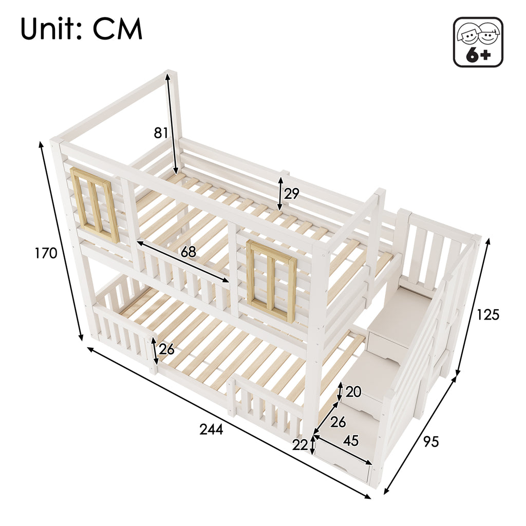 Bunk Beds for Kids, Wooden Cabin Bed with Staircase Storage, Multi-functional Tree-house Bed, Children's House Bed, Twin Sleeper (90+90) x 190 cm, Solid Wood, White