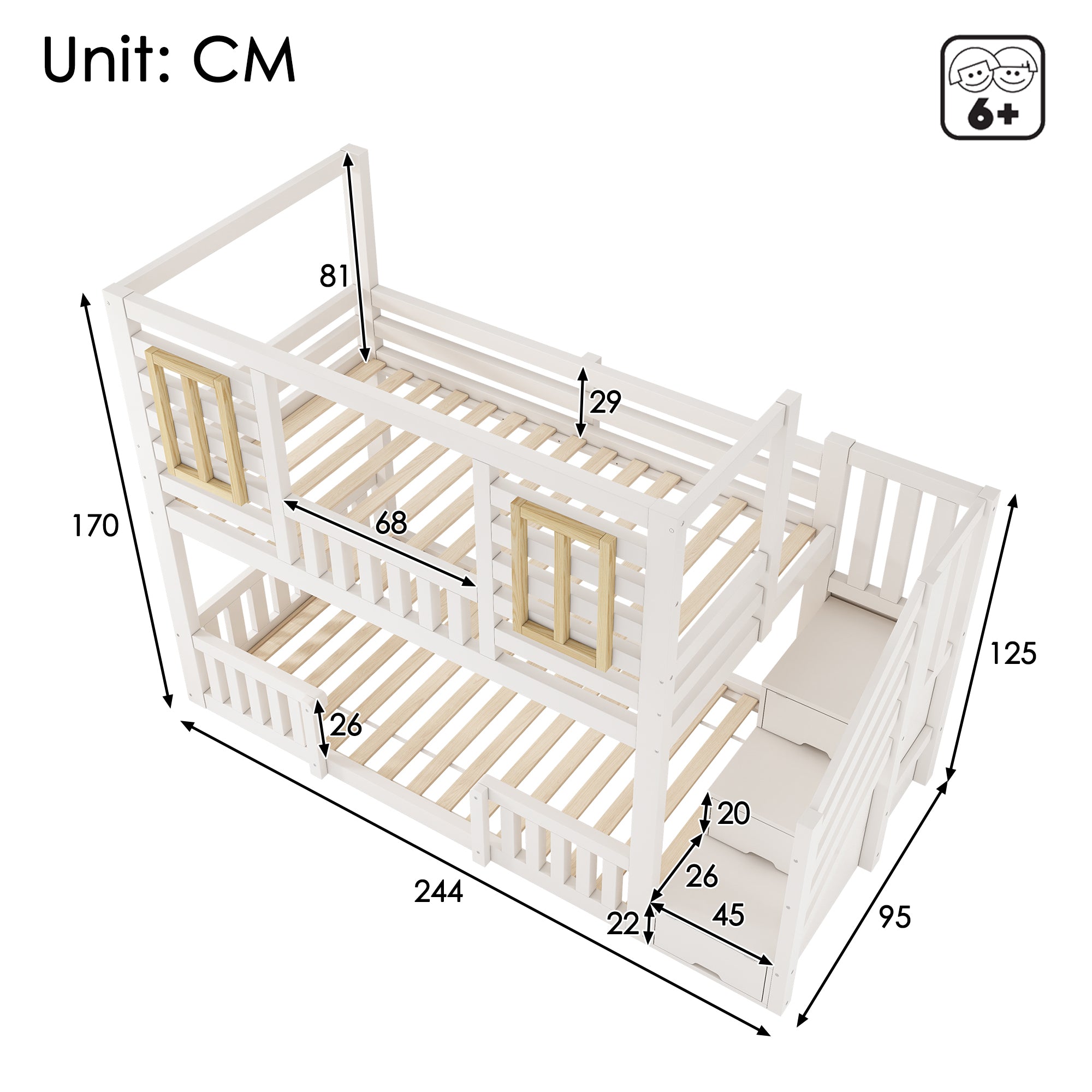 Bunk Beds for Kids, Wooden Cabin Bed with Staircase Storage, Multi-functional Tree-house Bed, Children's House Bed, Twin Sleeper (90+90) x 190 cm, Solid Wood, White