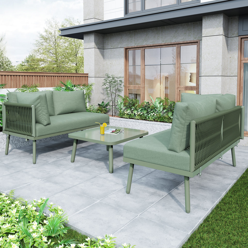 Outdoor Patio&Backyard Furniture Garden Lounge Set for 4-5 people, Thick Quality Space Saving L-Shaped Corner Sofa with Glass Coffee Table, Green