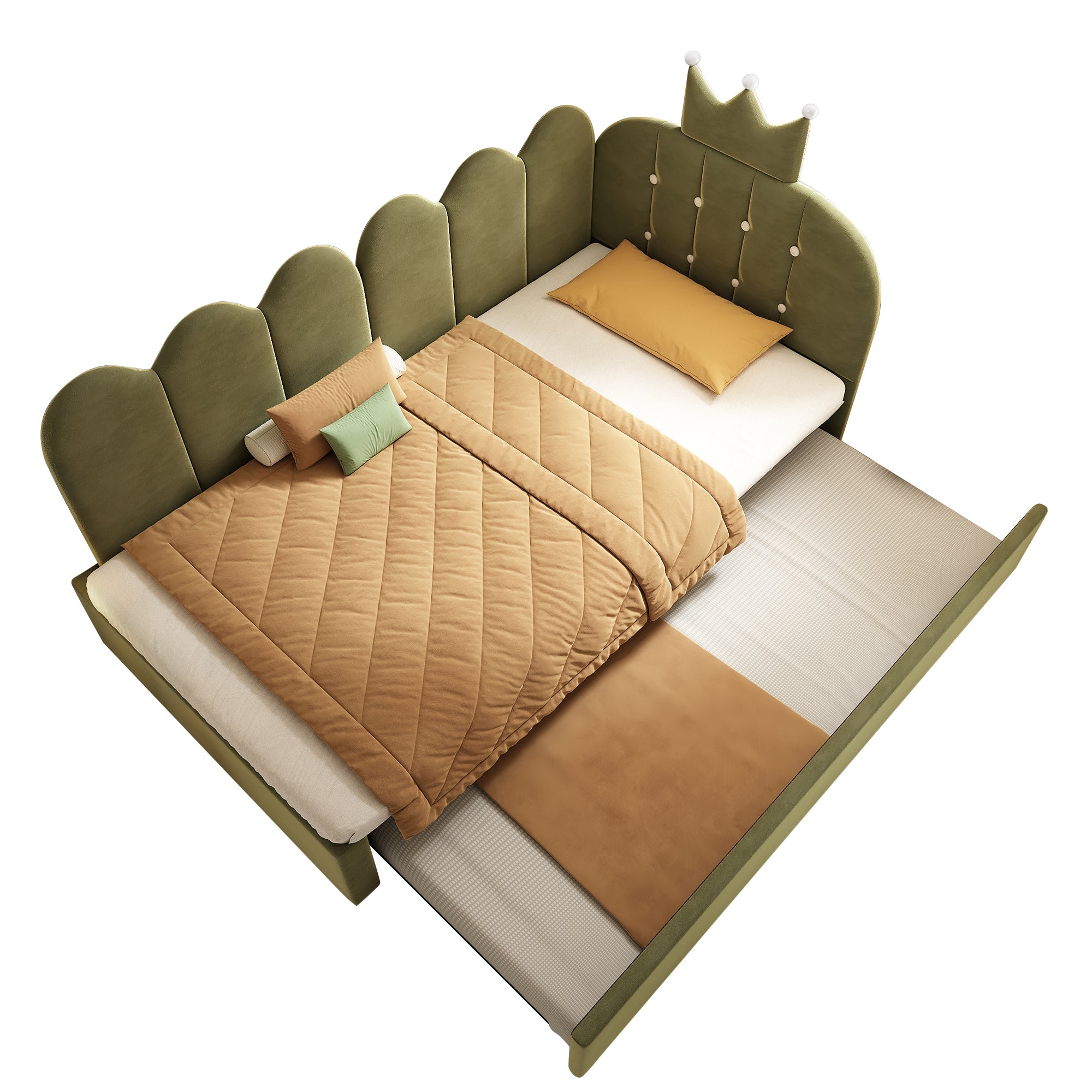 Upholstered Daybed with Pull-Out Bed, Crown-shaped Trundle Bed, 3FT Single Sofa Bed 90 x 190 cm, Guest Beds for Adults & Children, Bed with Metal Slatted Frame, Velvet, Green (No Mattress)