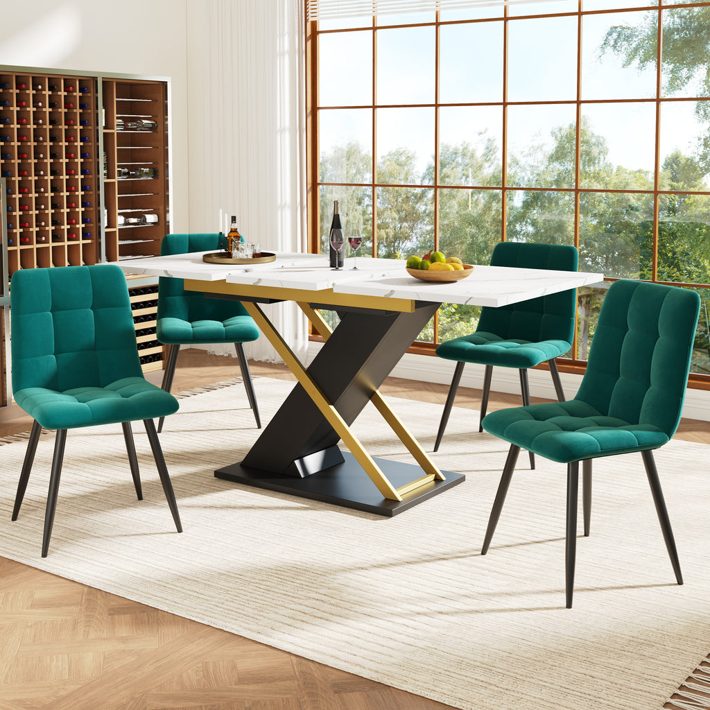 Extendable dining table (120–160 × 80 cm), kitchen/living room table, extendable table, extendable to 160 cm with the aid of an internal insert panel, dining table with golden cross legs