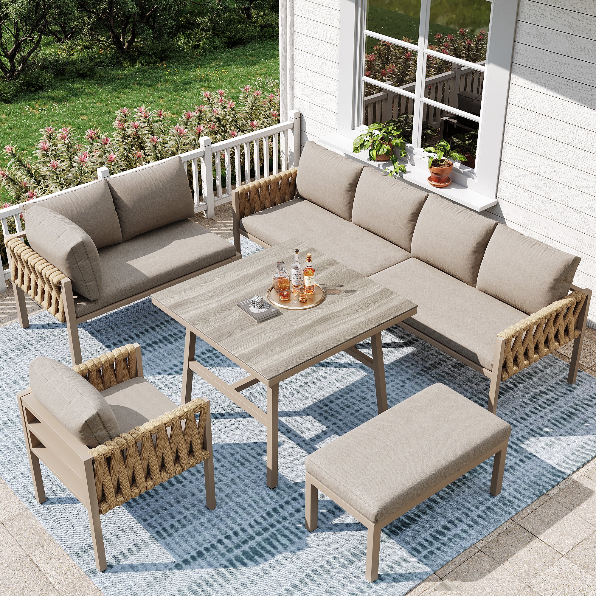 Garden furniture set, rope-weave outdoor sofa set with galvanized steel frame, adjustable legs, L-shaped sofa, tempered glass table top, includes all seat and back cushions, beige
