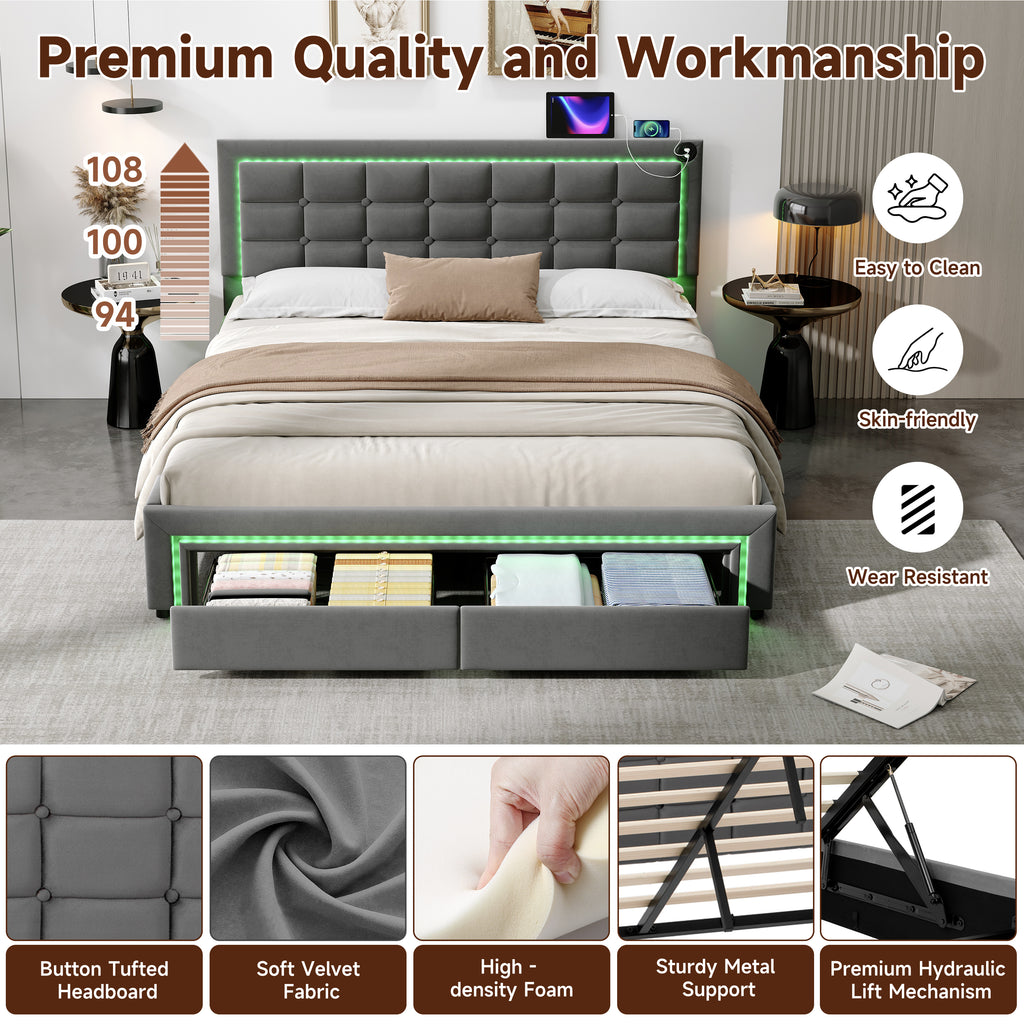 5ft King Upholstered Bed Frame with Hydraulic and Drawers Storage, LED Adjustable Button Tufted Headboard with Charging Station, Velvet Hydraulic Bed with RGB LED Lighting, Grey (No Mattress)