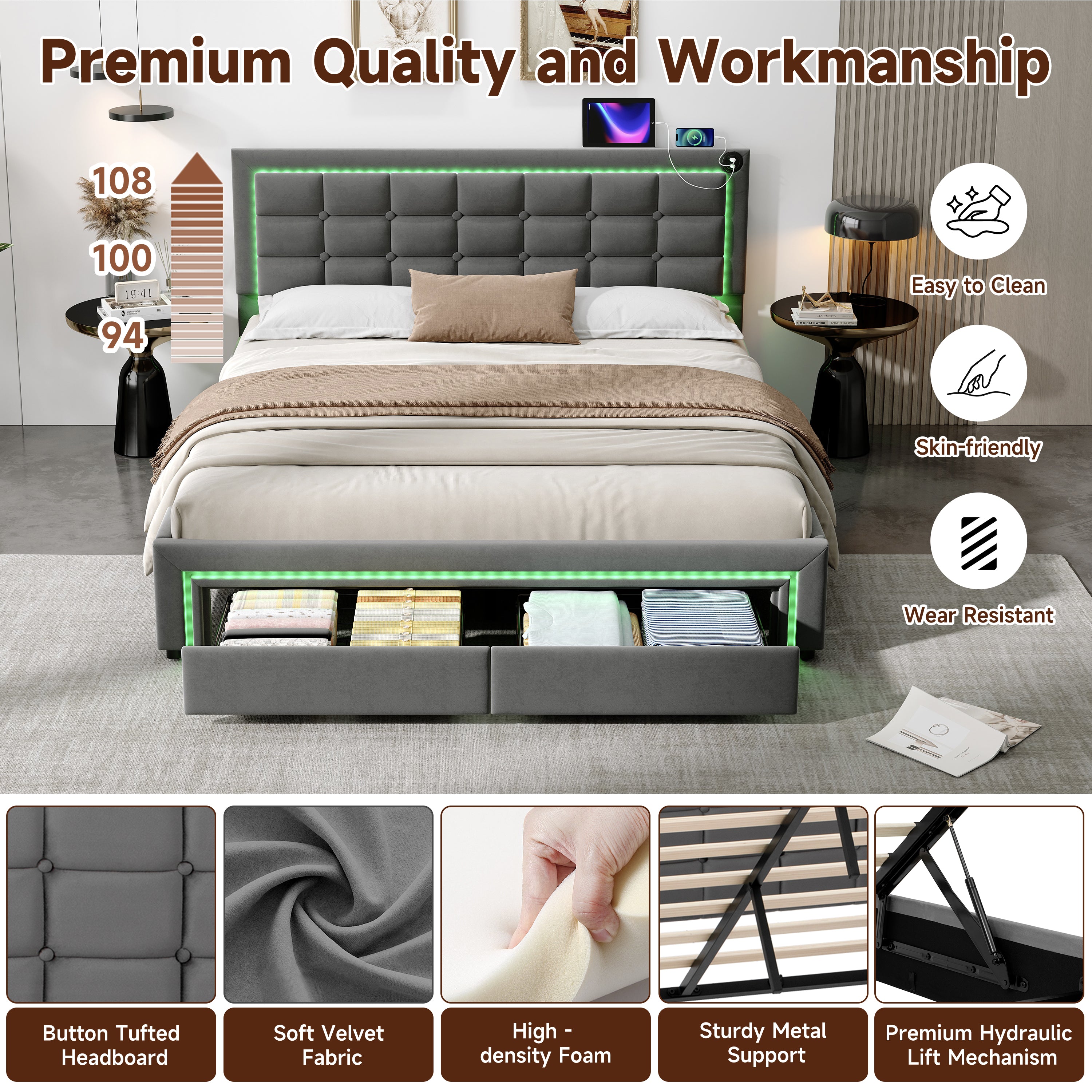 4ft6 Double Upholstered Bed Frame with Hydraulic and Drawers Storage, LED Adjustable Button Tufted Headboard with Charging Station, Velvet Hydraulic Bed with RGB LED Lighting, Grey (No Mattress)
