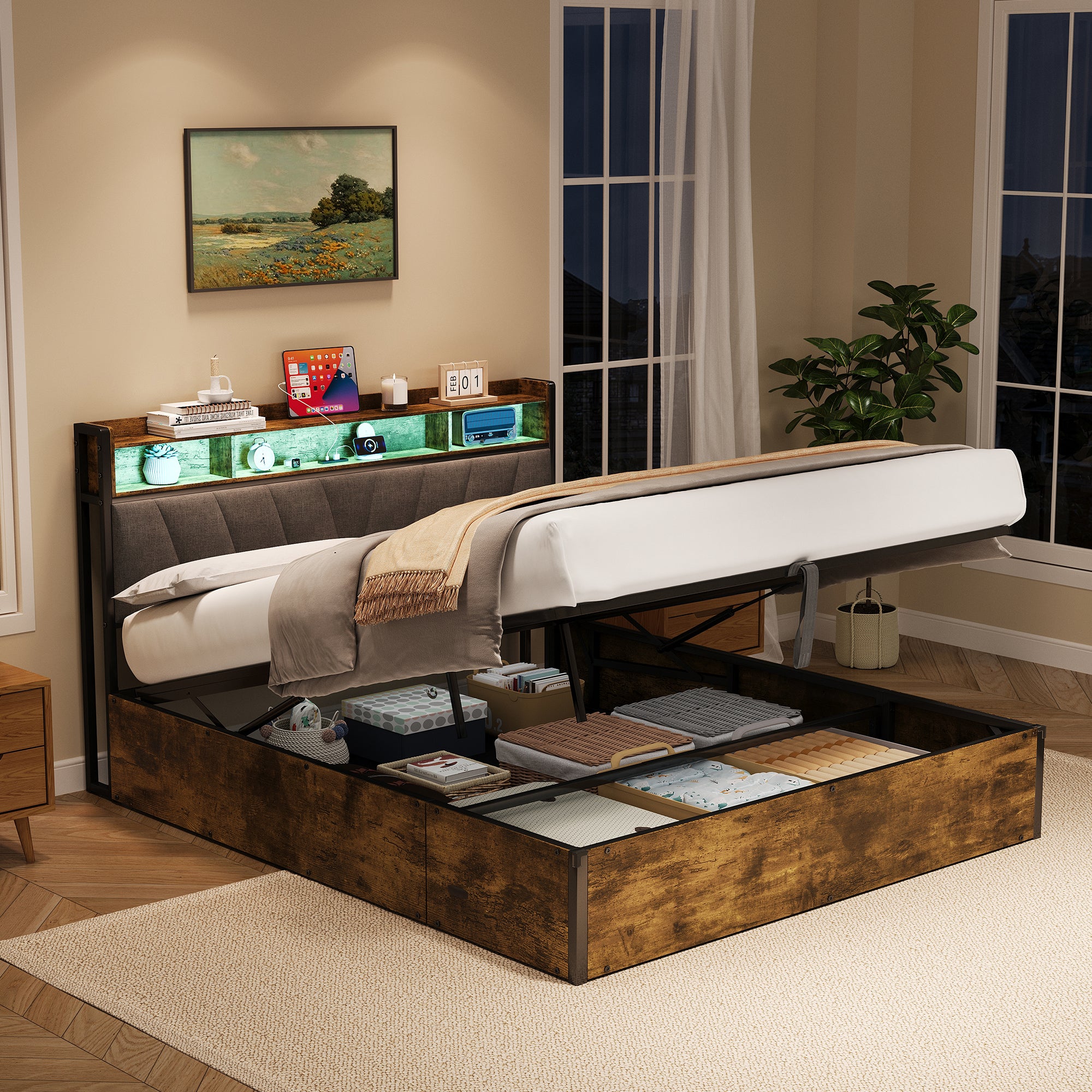 4ft6 Double Bed Frame with Hydraulic Storage, RGB LED Storage Headboard with Charging Station, USB and Type-C Ports, No Box Spring Needed, Easy Assembly, Black+Walnut (No Mattress)