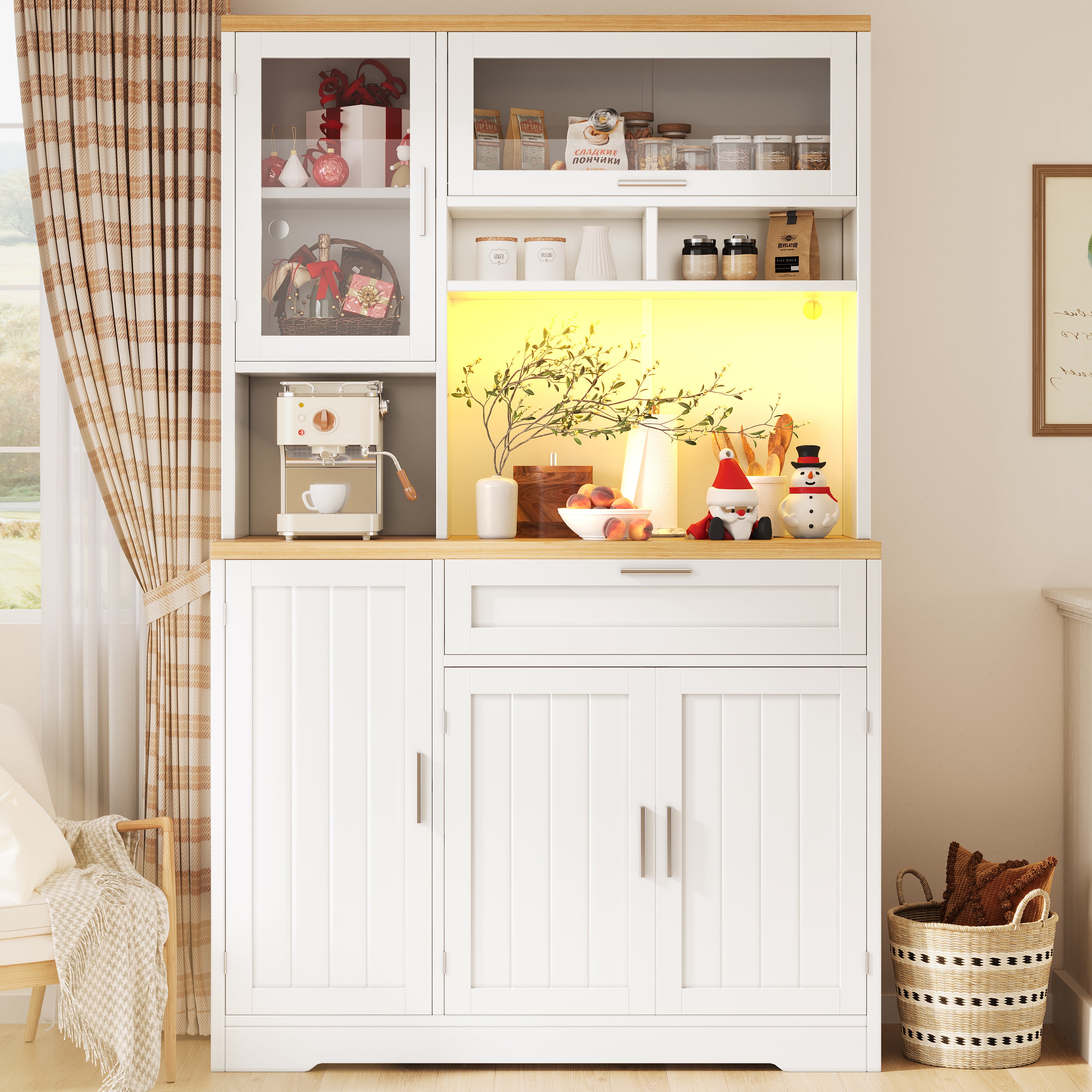 Tall Display Cabinet with LED Lighting - 104x40x180 cm Kitchen & Living Room Storage, White/Black