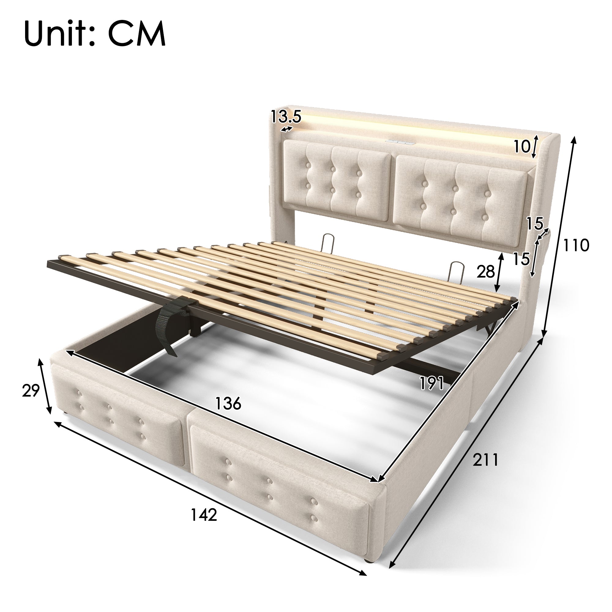 Upholstered Double Bed, 4FT6 Hydraulic Bed with LED Lighting, USB Type-C Charging, Headboard for Cellphones & Tablets, 135 x 190 cm, Linen, Beige (No Mattress)