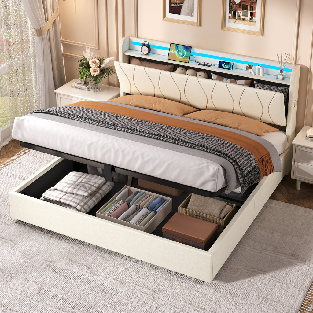 5ft King Upholstered Bed Frame with Hydraulic Storage, LED Headboard with Charging Station and Concealed Headboard Storage, USB and Type - C Ports, Linen, No Box Spring Needed, Beige (No Mattress)