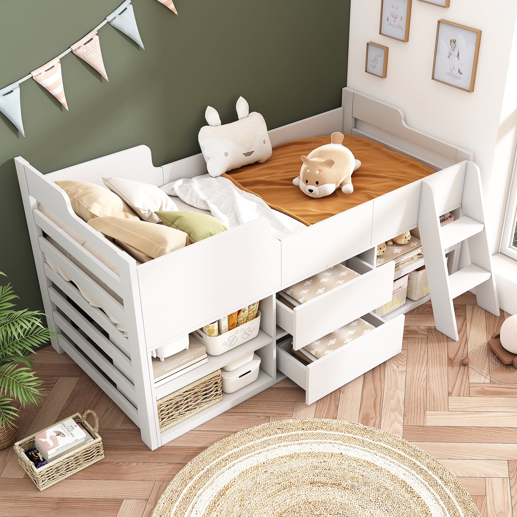 Cabin Bed Mid Sleeper Bed Frame Storage Kids Wooden bed with Drawers Shelf Storage Low Sleeper Bed  3ft Single Children's White Wooden Bed - 3ft Single (90 x 190 cm) Frame Only
